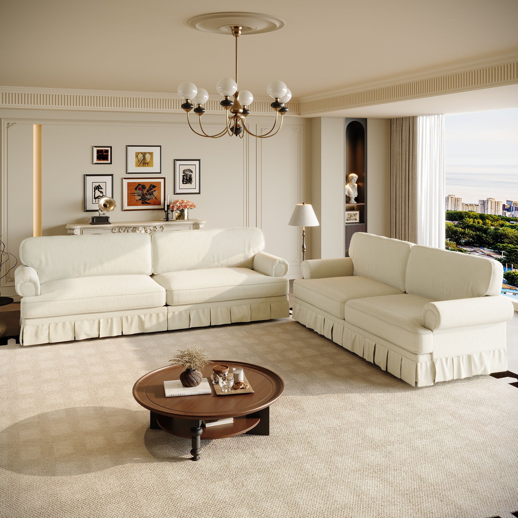 Luxuriously Comfortable Cloud Couch Sofa With Elegant Rolled Arms & Pleated Skirt Design