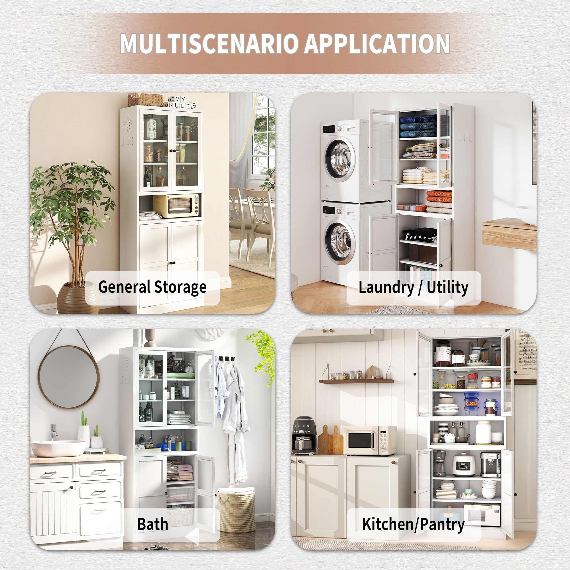 Metal Kitchen Pantry Cabinet Tall Storage With Adjustable Shelves, Heavy Duty Stainless Steel Frame - White