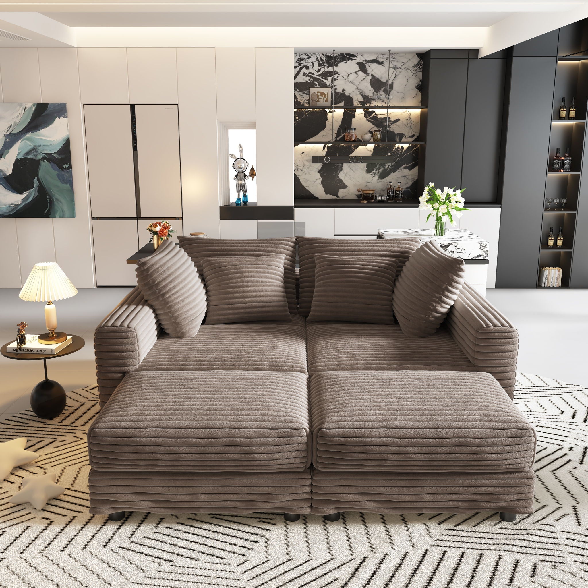 Deep Seat Convertible Sofa With Soft Pillows And Ottomans