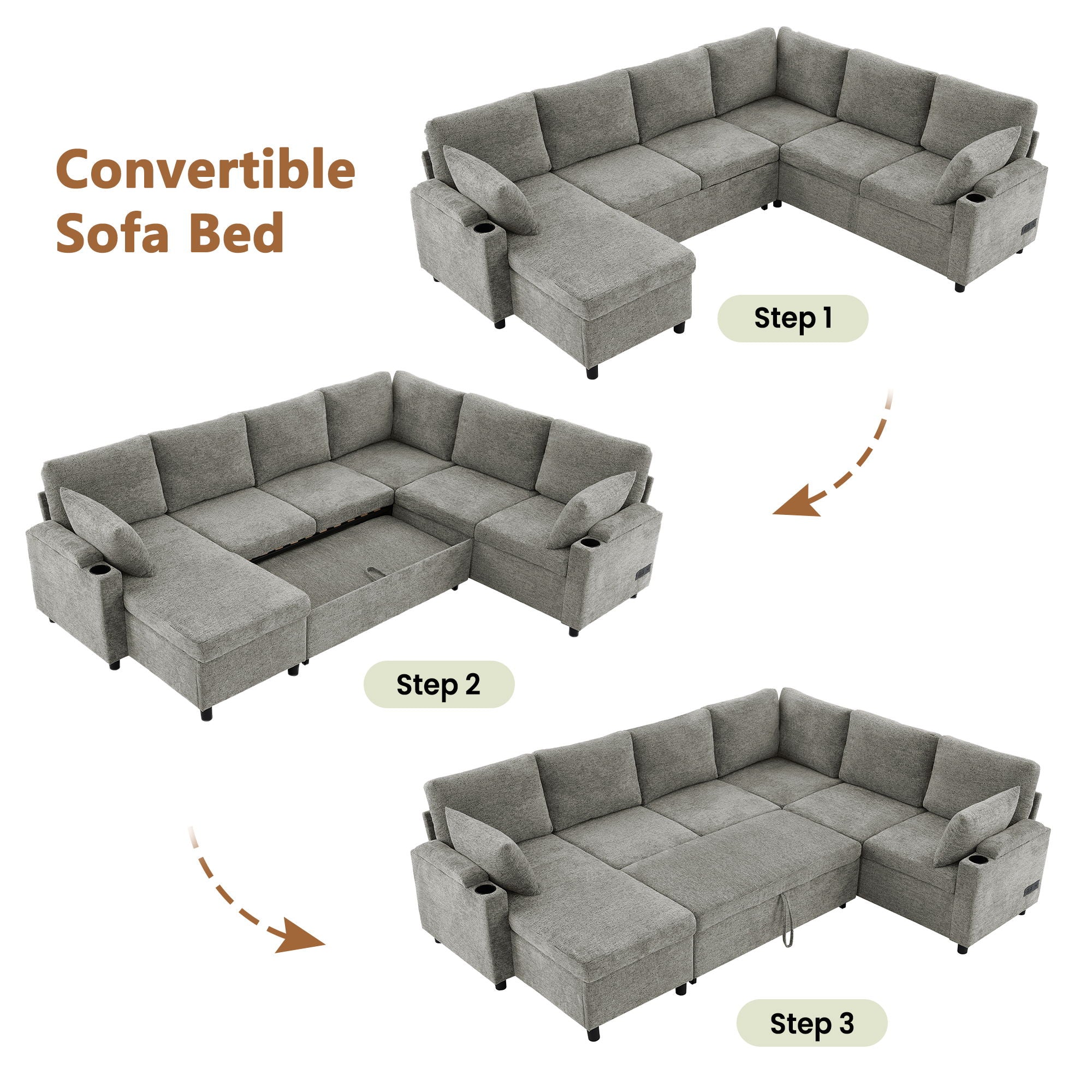 U-Shaped Sectional Sleeper Sofa With Ample Storage Space, 2 Cup Holders And Charging Ports For Living Room