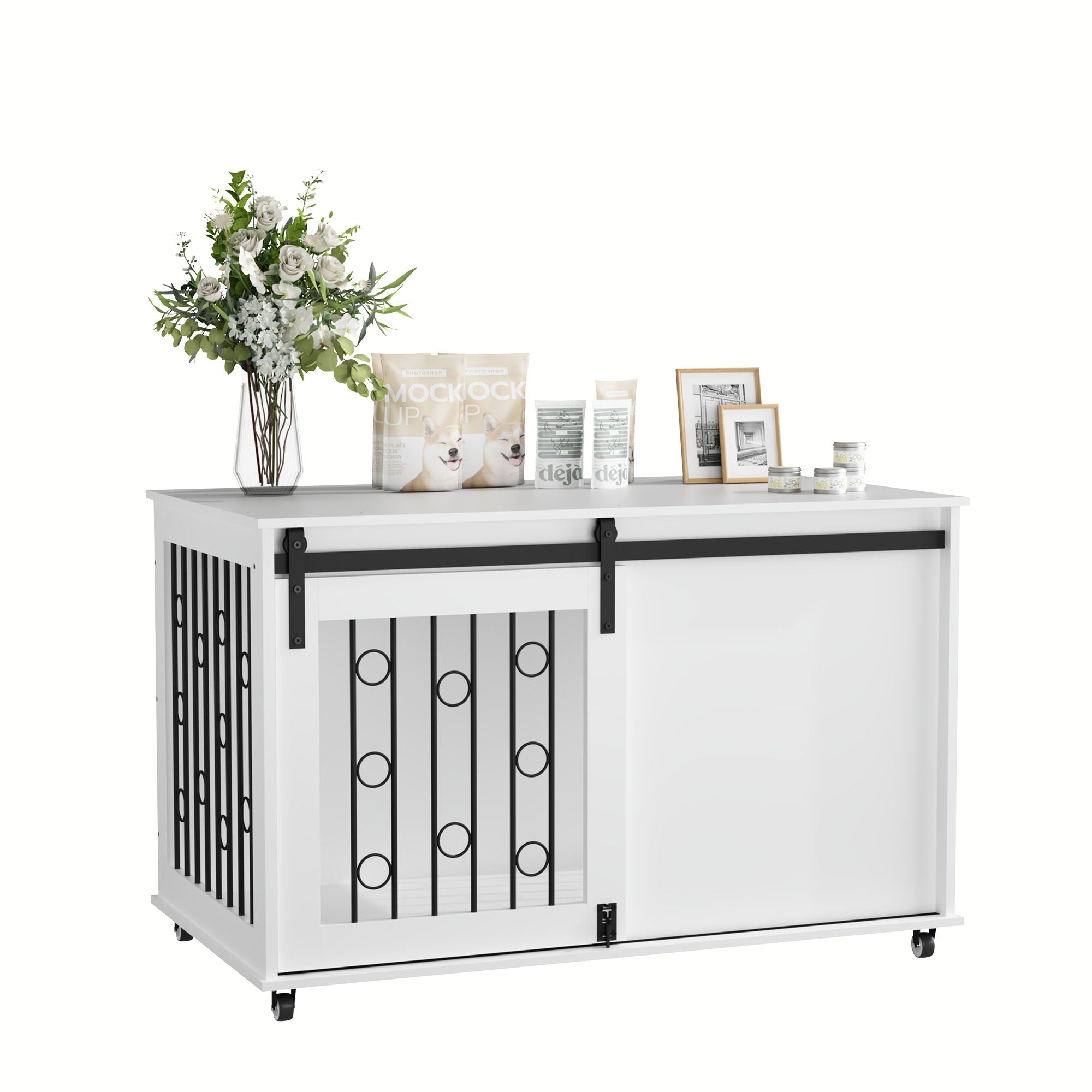 Dog Crate With Sliding Barn Door And Side Access, Lockable Wheels For Small To Medium Dogs - White
