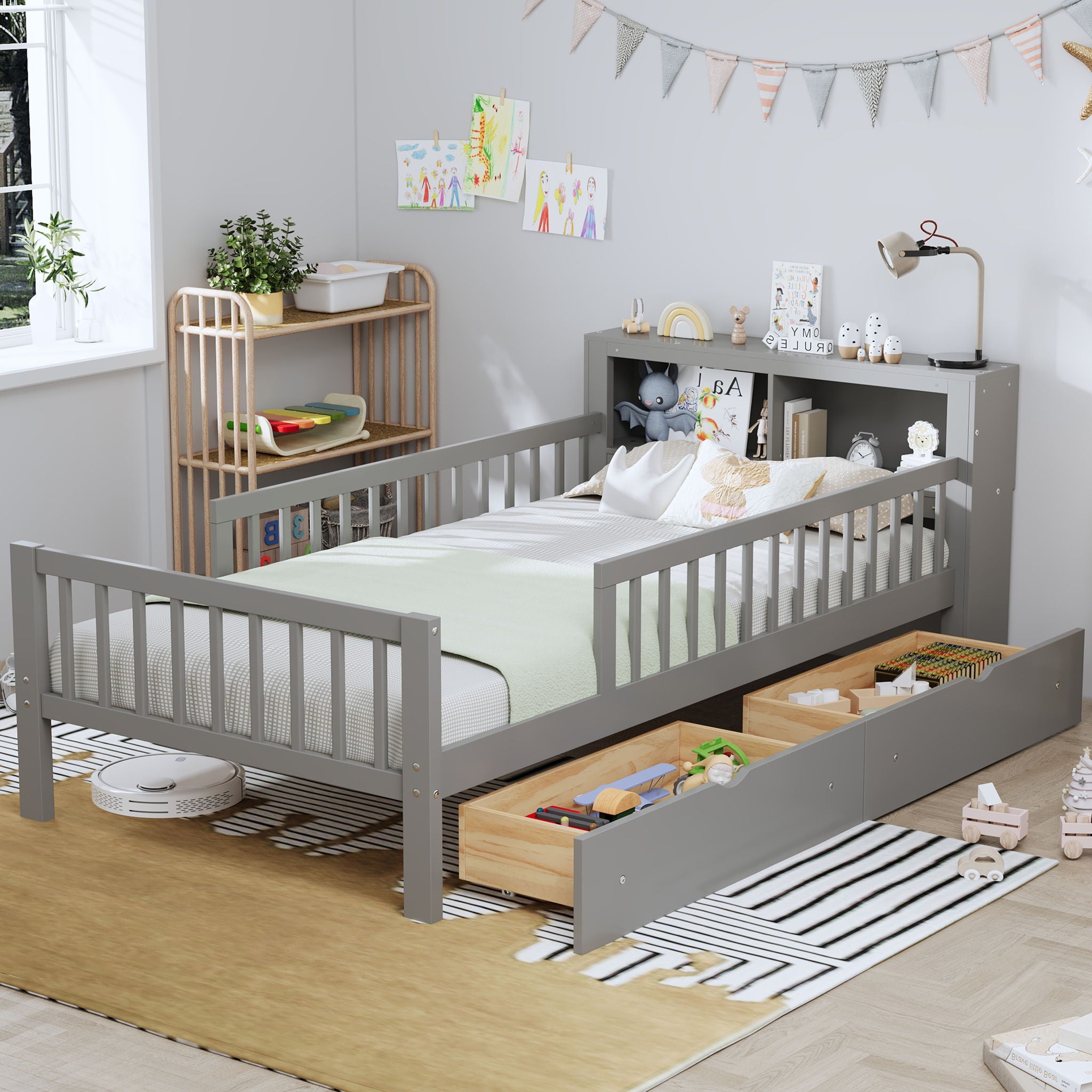 Bed With Headboard Storage Rack, 2 Under Bed Drawers, 3 Side Guardrails For Safety