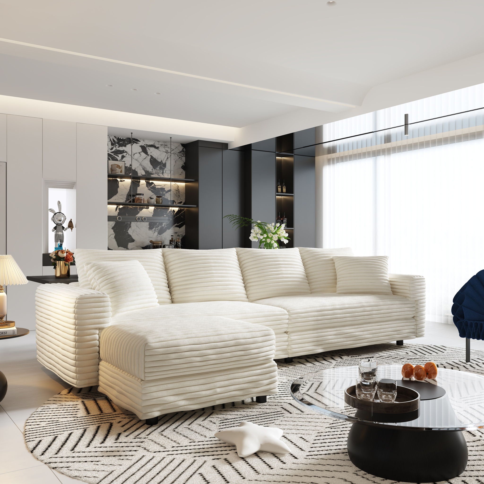 Deep Seat Convertible Sofa With Soft Pillows And Ottomans