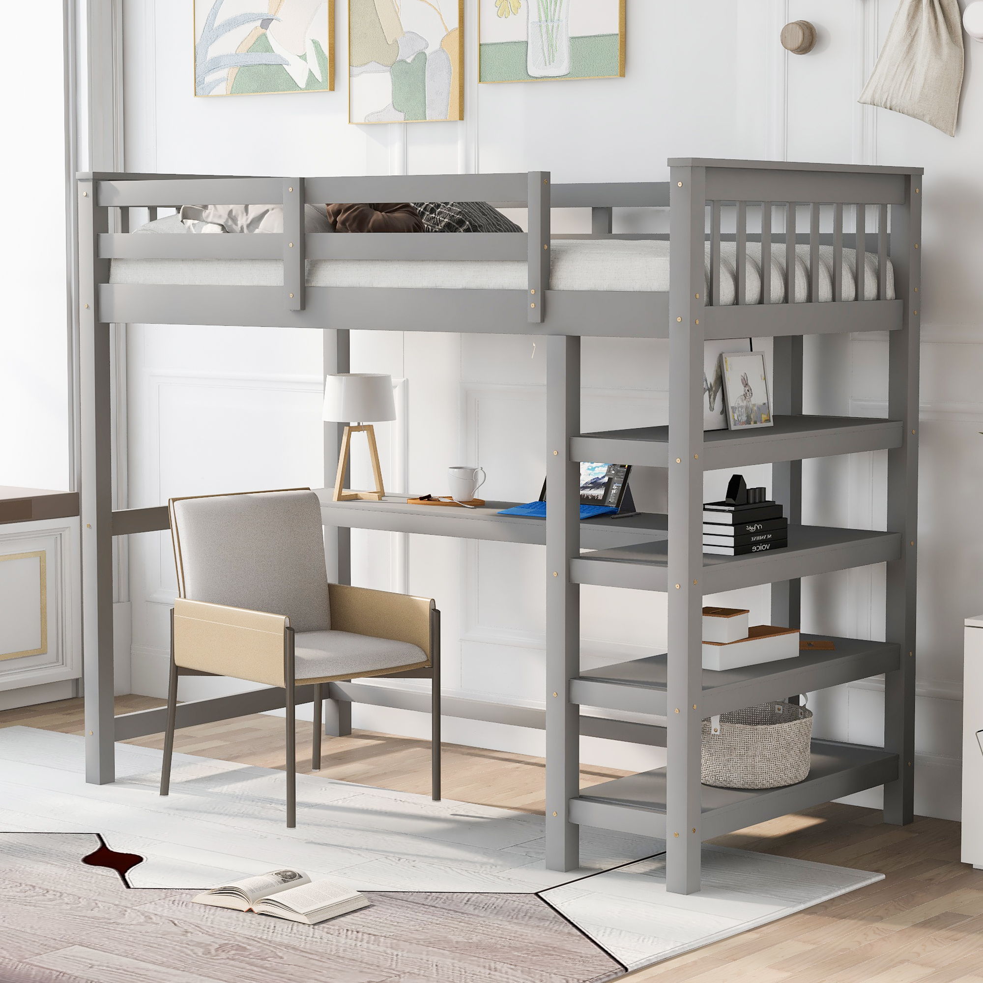 Loft Bed With Storage Shelves And Under Bed Desk