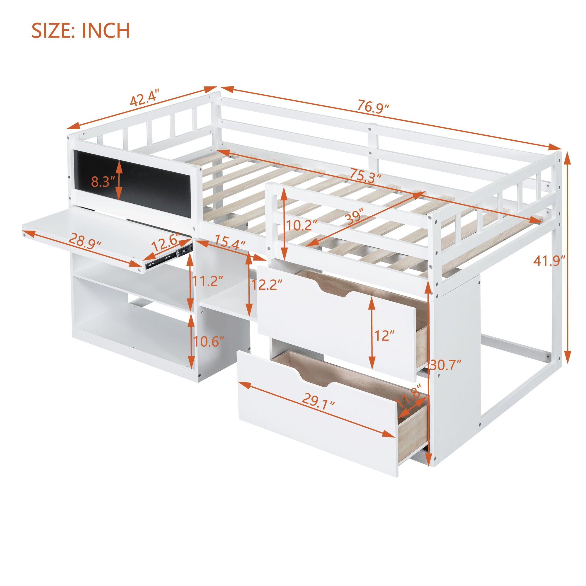 Low Loft Bed With Rolling Desk, Shelf And Drawers