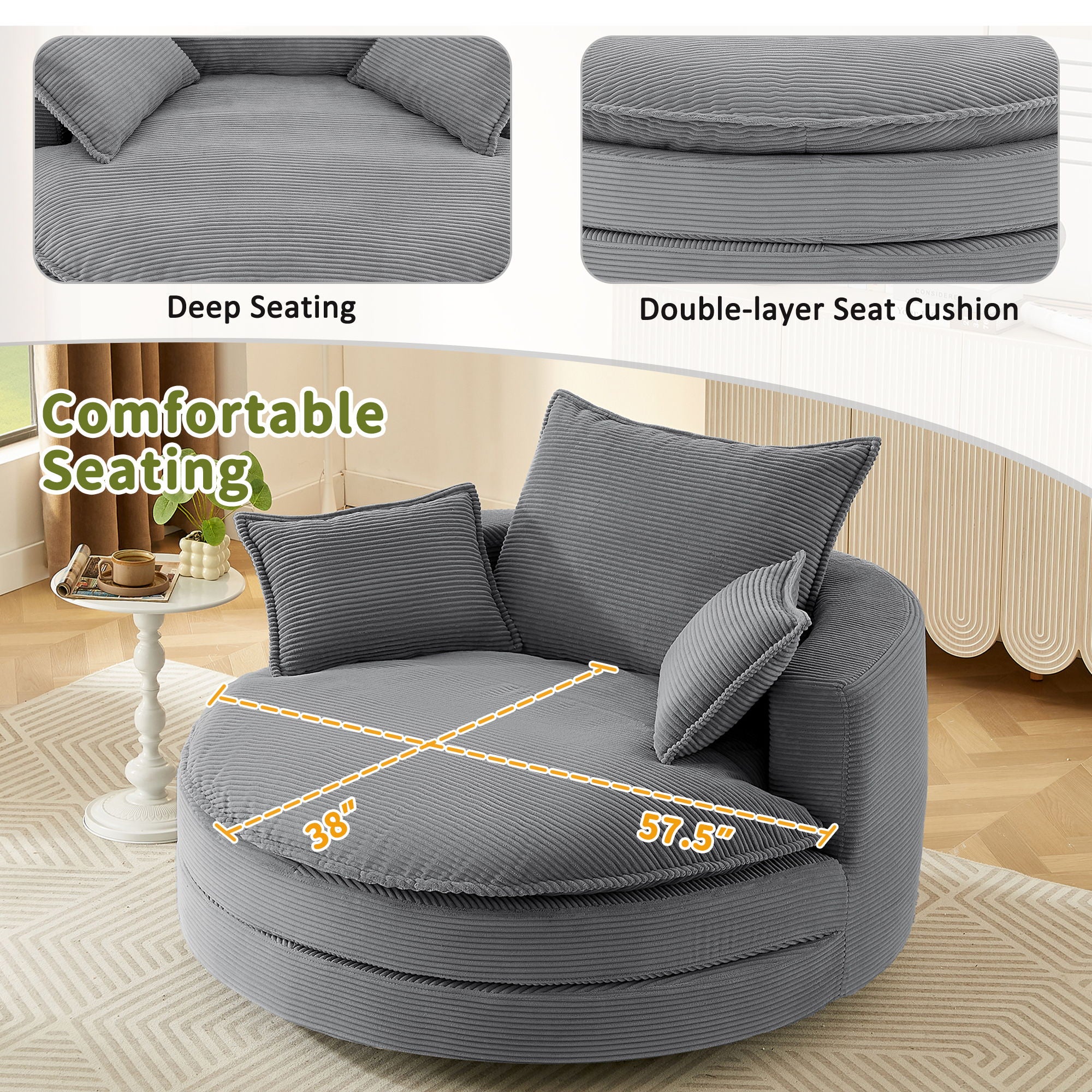 360° Swivel Accent Barrel Chair With Dual Layer Cushion And 3 Removable Pillows