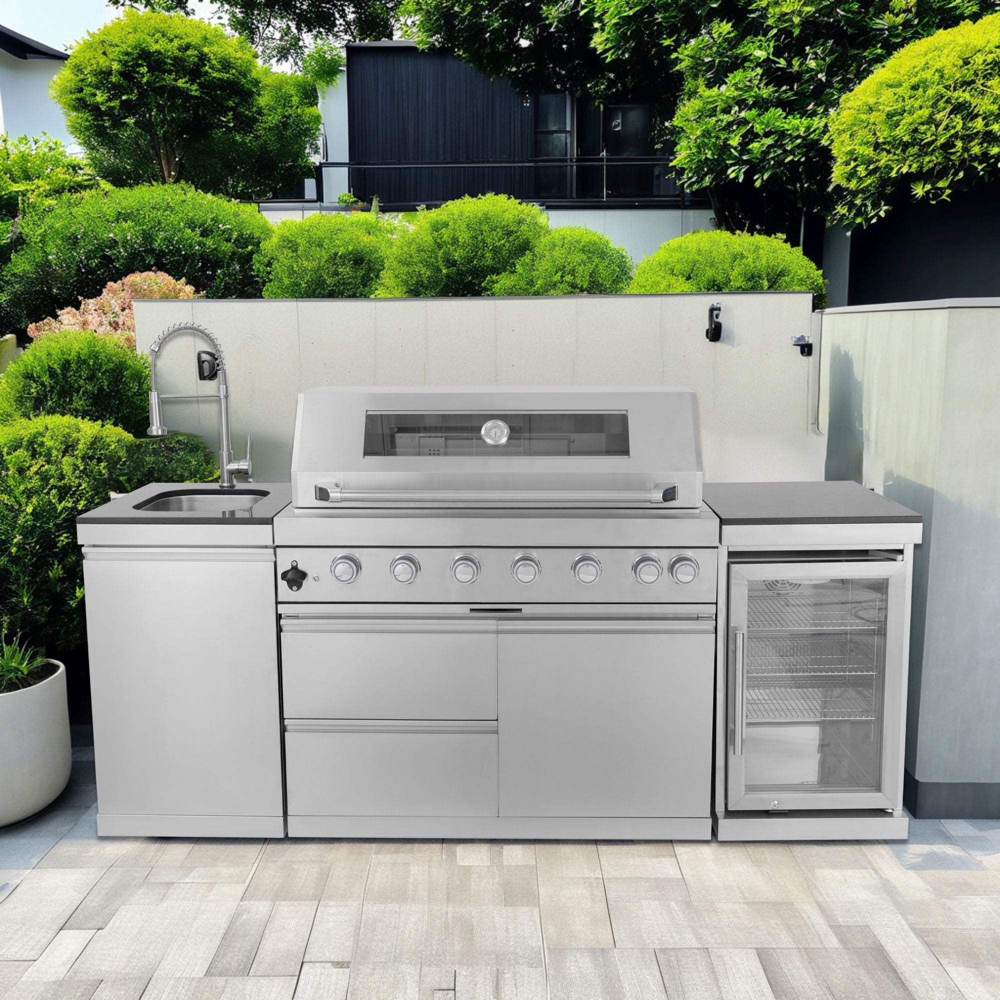 6 Burner 85, 000 Btu Deluxe Gas Outdoor Kitchen Island Grill With Wine Cooler Refrigerator, Rotisserie, Storage Cabinets & Drawers - Silver