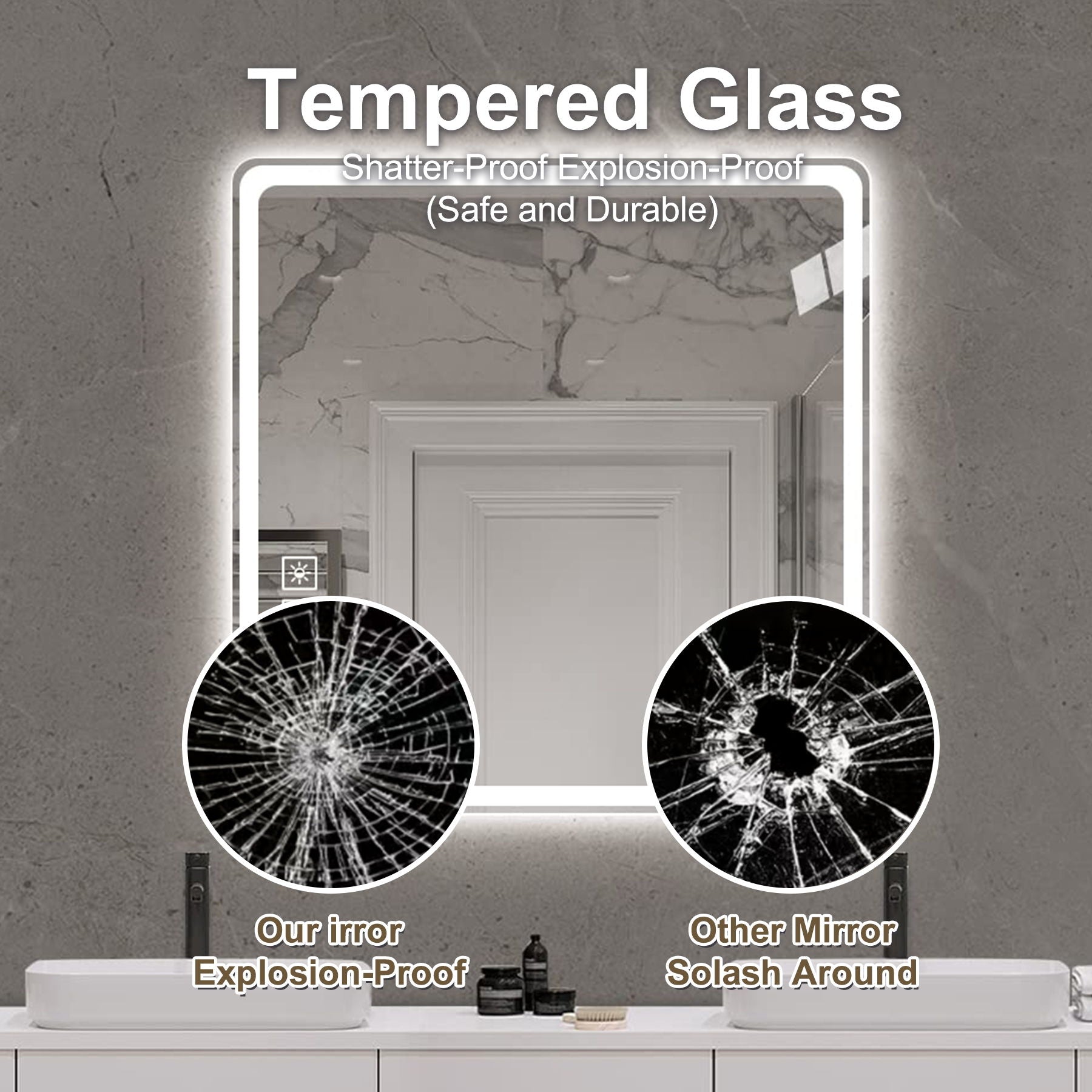 LED Bathroom Mirror, Anti Explosion Glass, Rust Resistant, Anti Fog, Tri Color