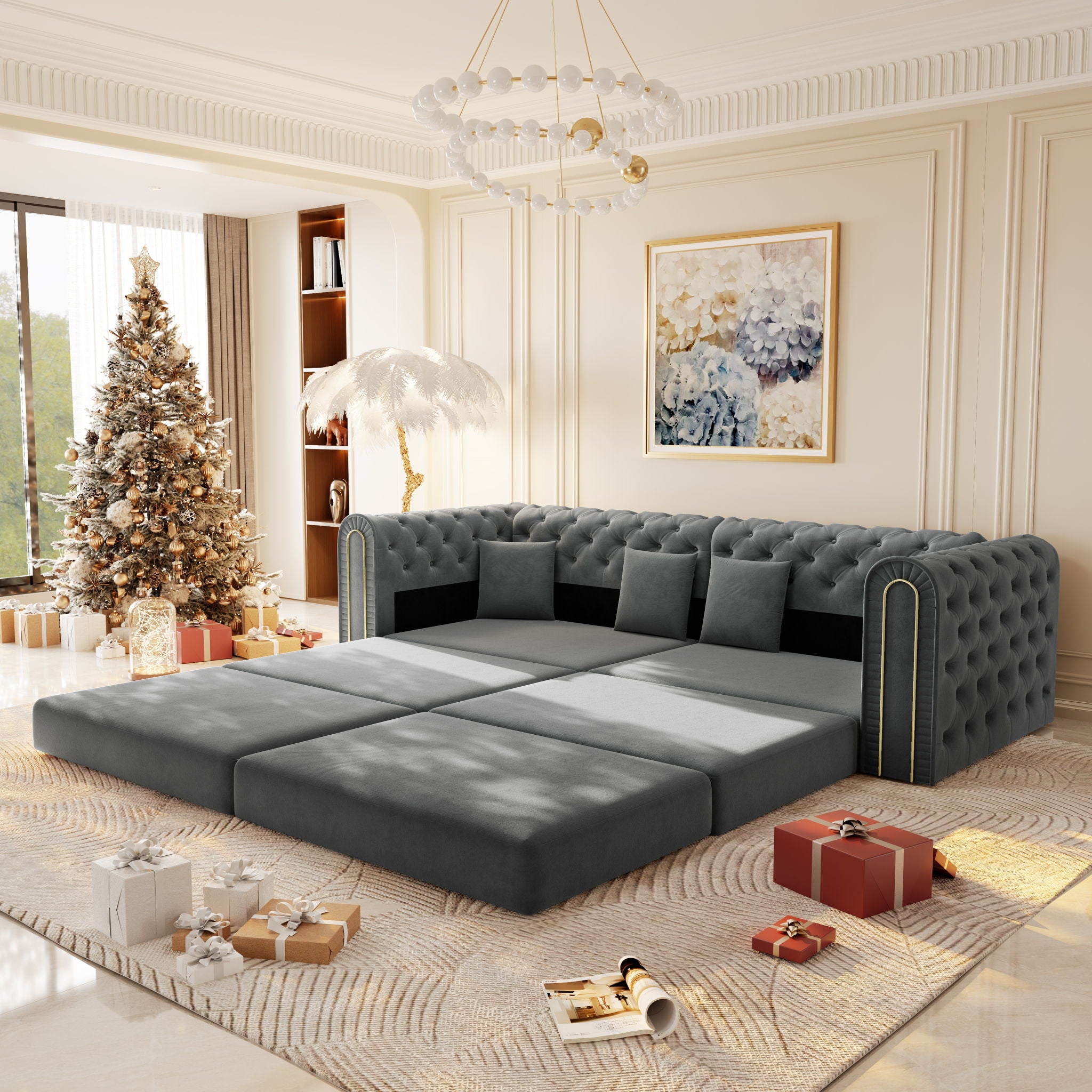 3-In-1 Convertible Sleeper Sofa With Movable Ottoman For Living Room