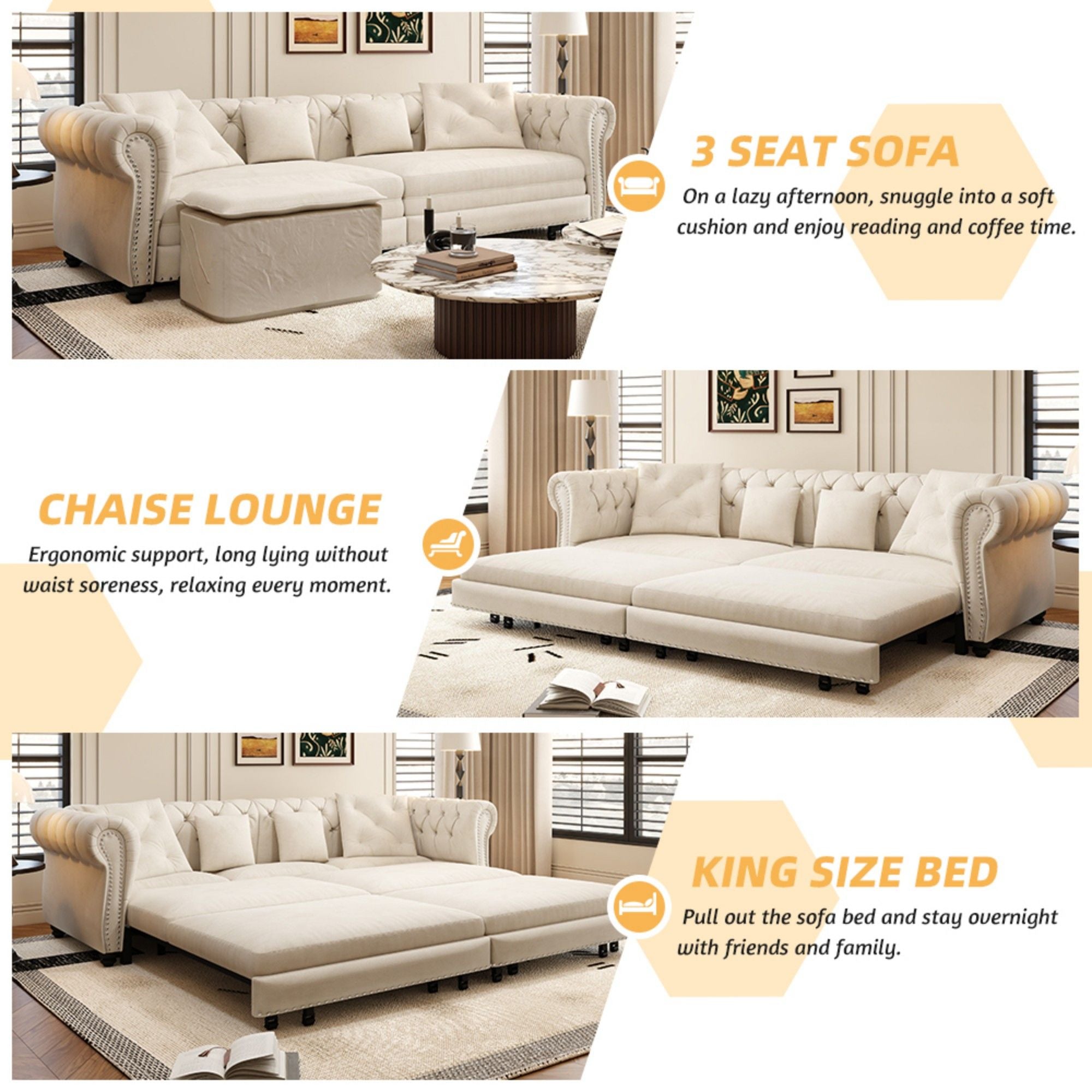 3 In 1 Convertible Sleeper Sofa Bed With Movable Ottoman