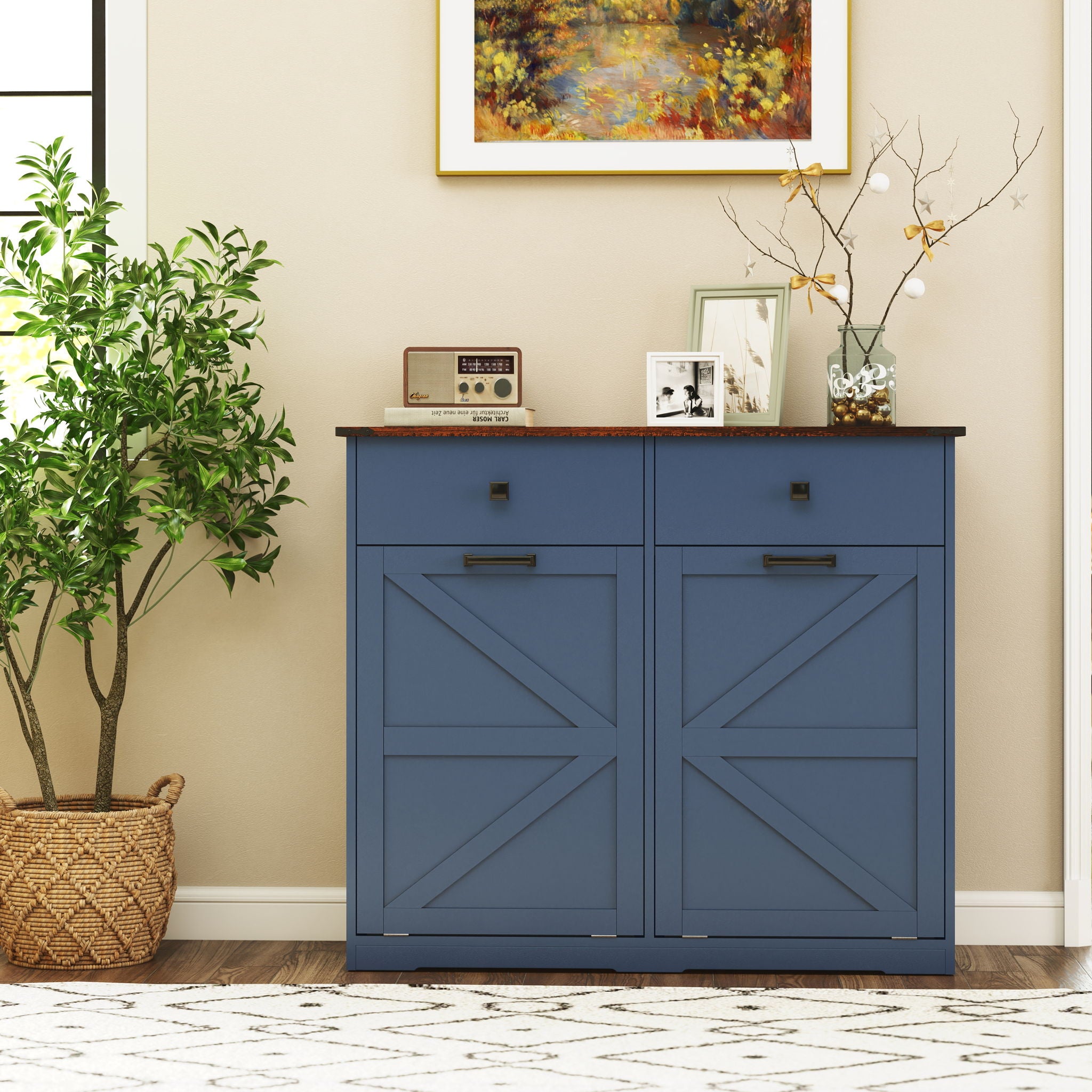Double Tilt Out Trash Cabinet With Hideaway Drawer And Barn Door Style