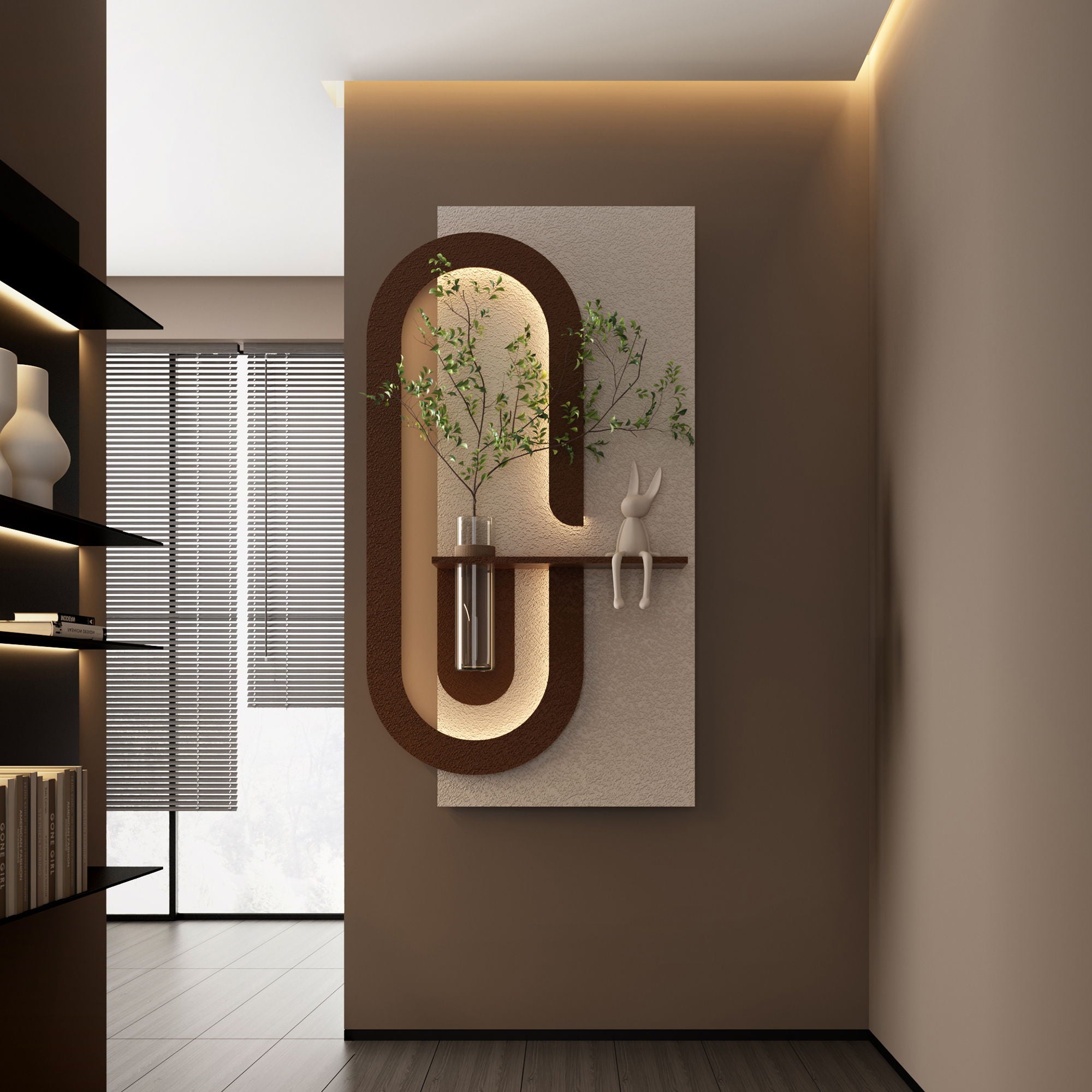 Adjustable LED Sandstone Wall Decor With Simulated Plants 3D Art Sculpture, Glass Vase & Rabbit Statue, Remote Control - Light Coffee