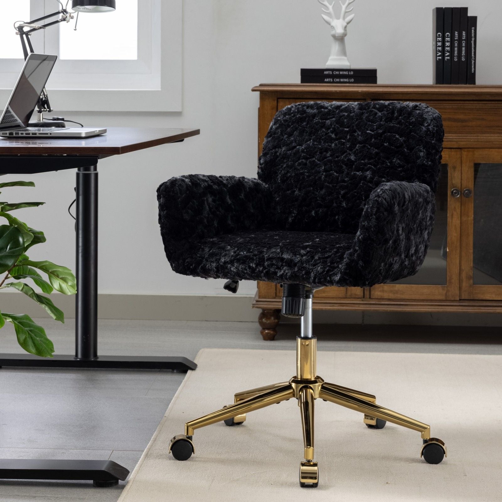 Office Chair, Artificial Rabbit Hair Home Office Chair With Metal Base, Adjustable Desk Chair Swivel Office Chair, Vanity Chair