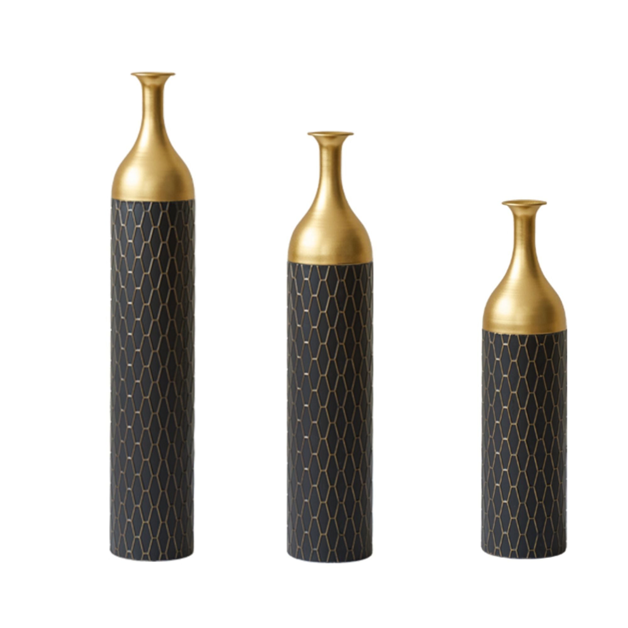 Elegant Floor Vase Set Metal Decorative Vases 3 Piece Set For Floral Display, Wedding & Gift Decor - Gold / Black