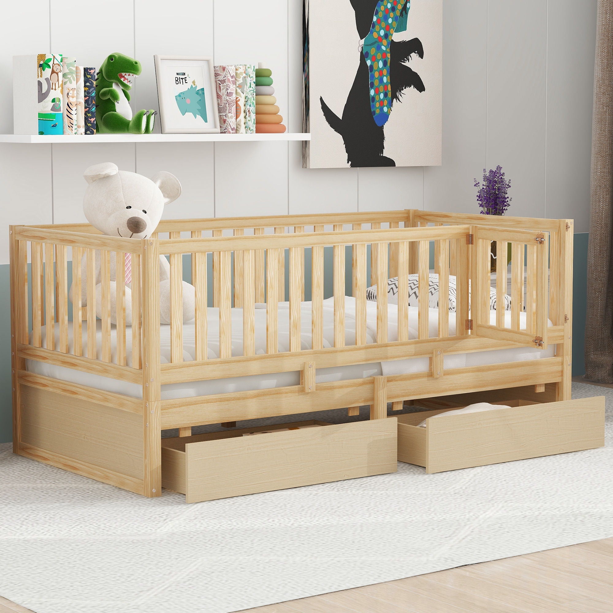 Daybed With Fence Guardrails And 2 Drawers, Split Into Independent Floor Bed & Daybed