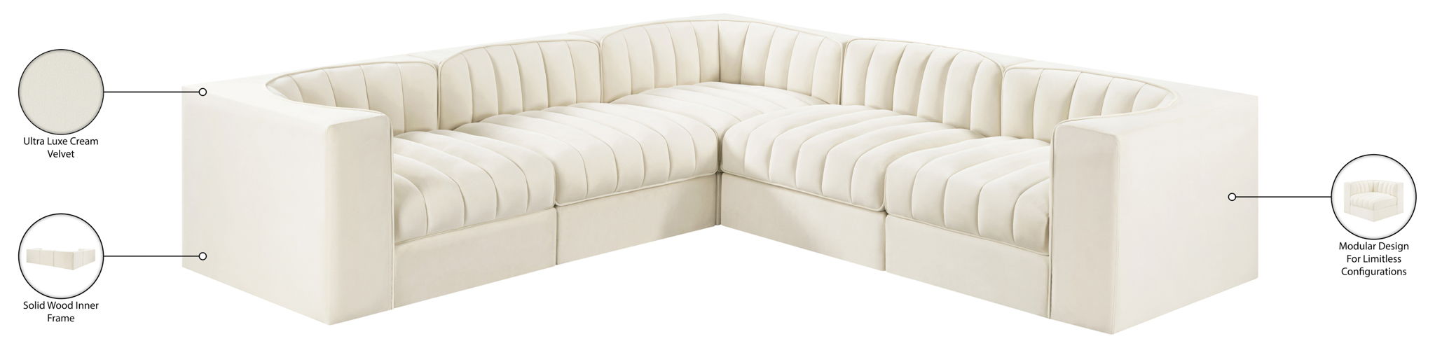 Rummi - Symmetrical Velvet Performance Fabric Upholstered 5 Piece Modular Sectional