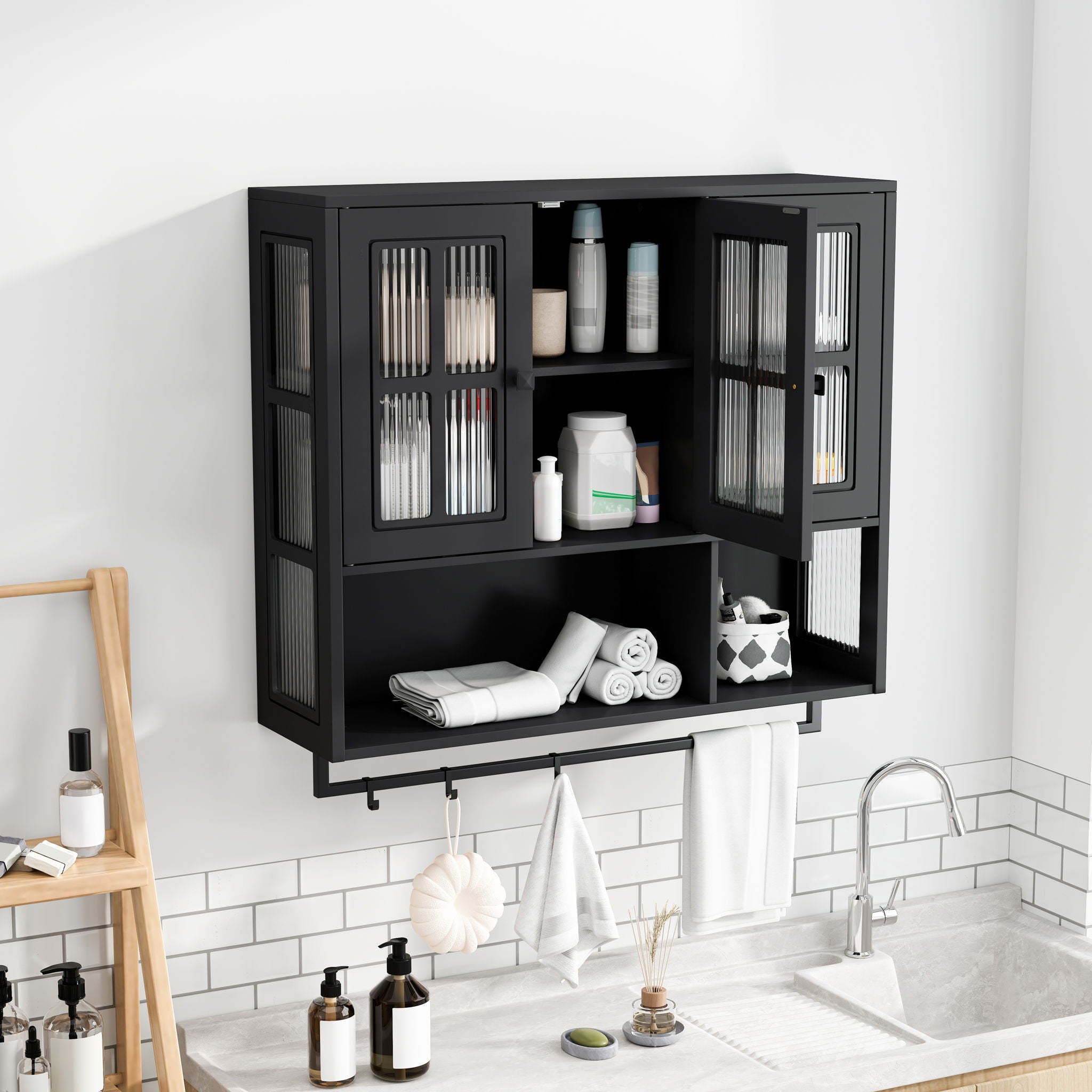 3 Door Wall Cabinet With Glass Door And Towel Bar