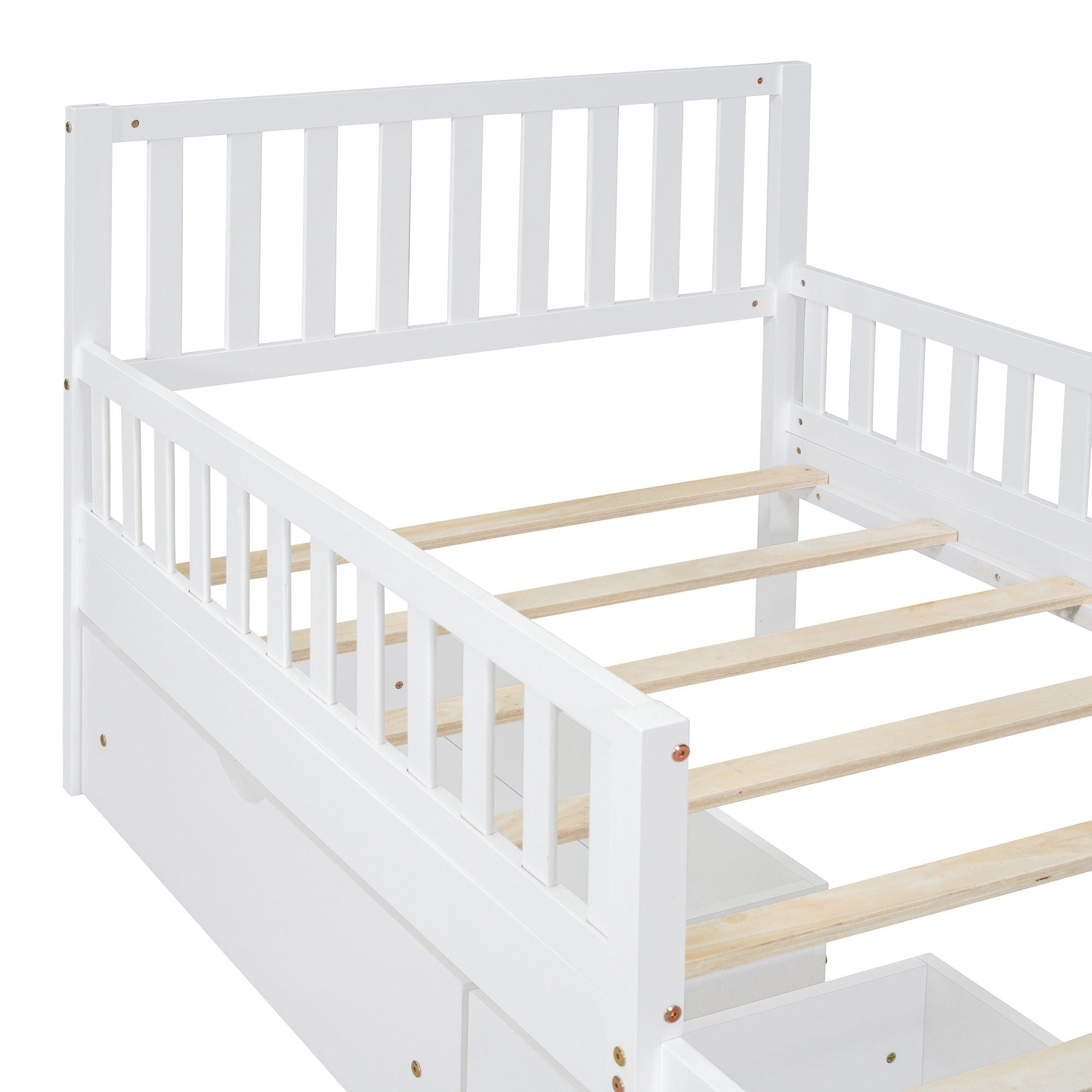 Platform Bed With Guardrails On Both Sides And 2 Storage Drawers