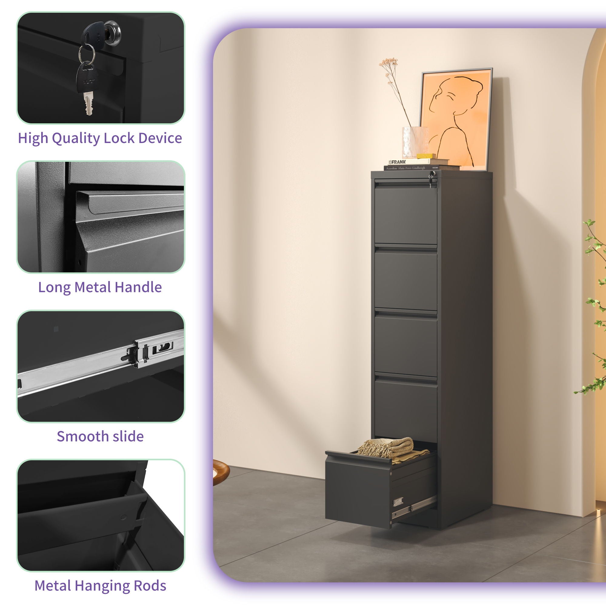 Steel Drawer Vertical File Cabinet With Lock For A4 Legal / Letter Size