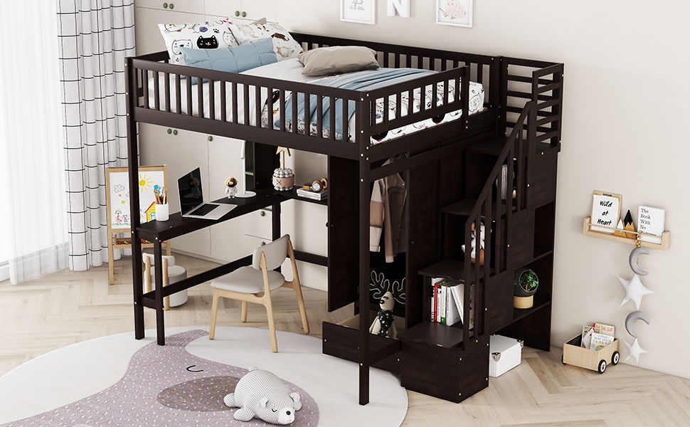 Loft Bed With Bookshelf, Drawers, Desk, And Wardrobe