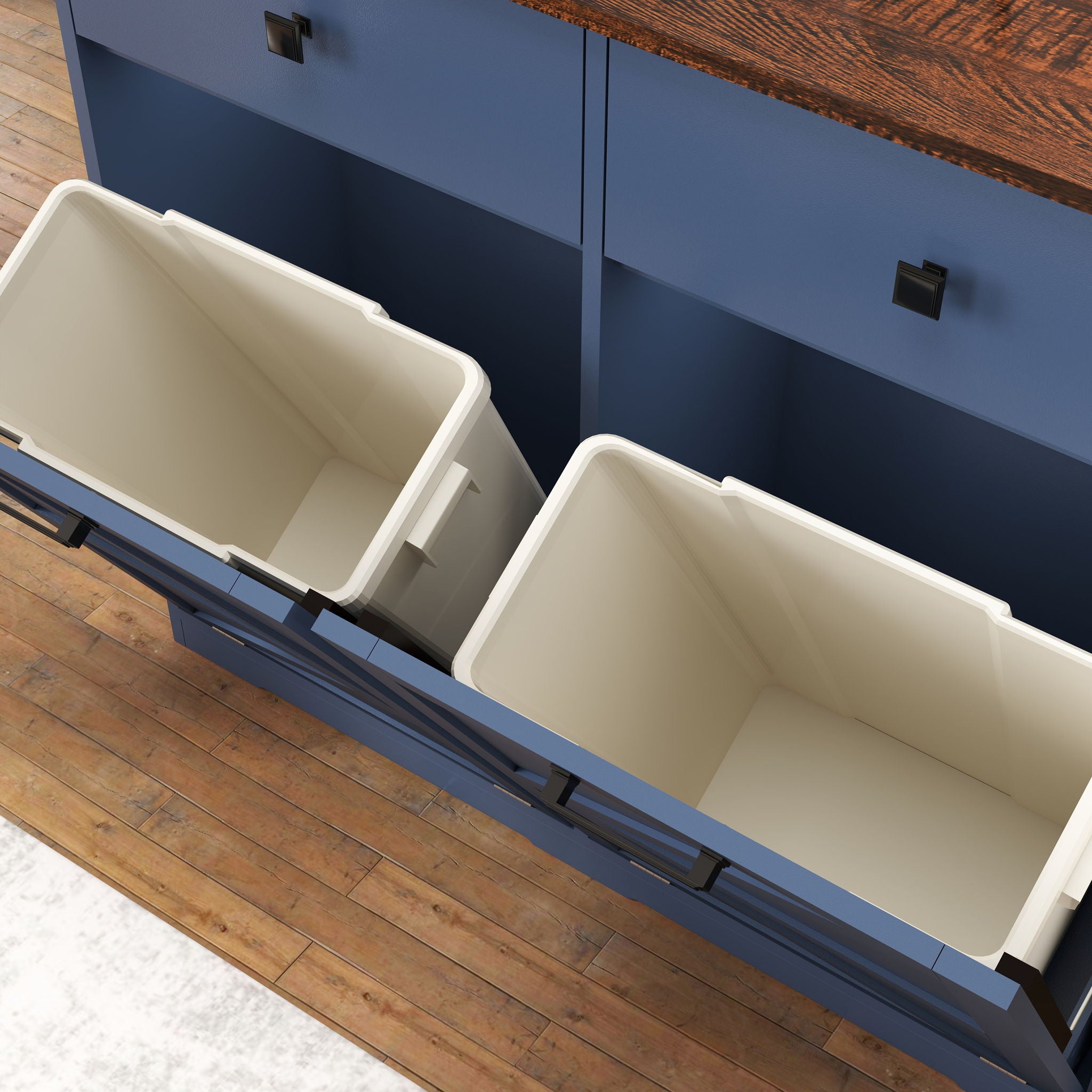Double Tilt Out Trash Cabinet With Hideaway Drawer And Barn Door Style