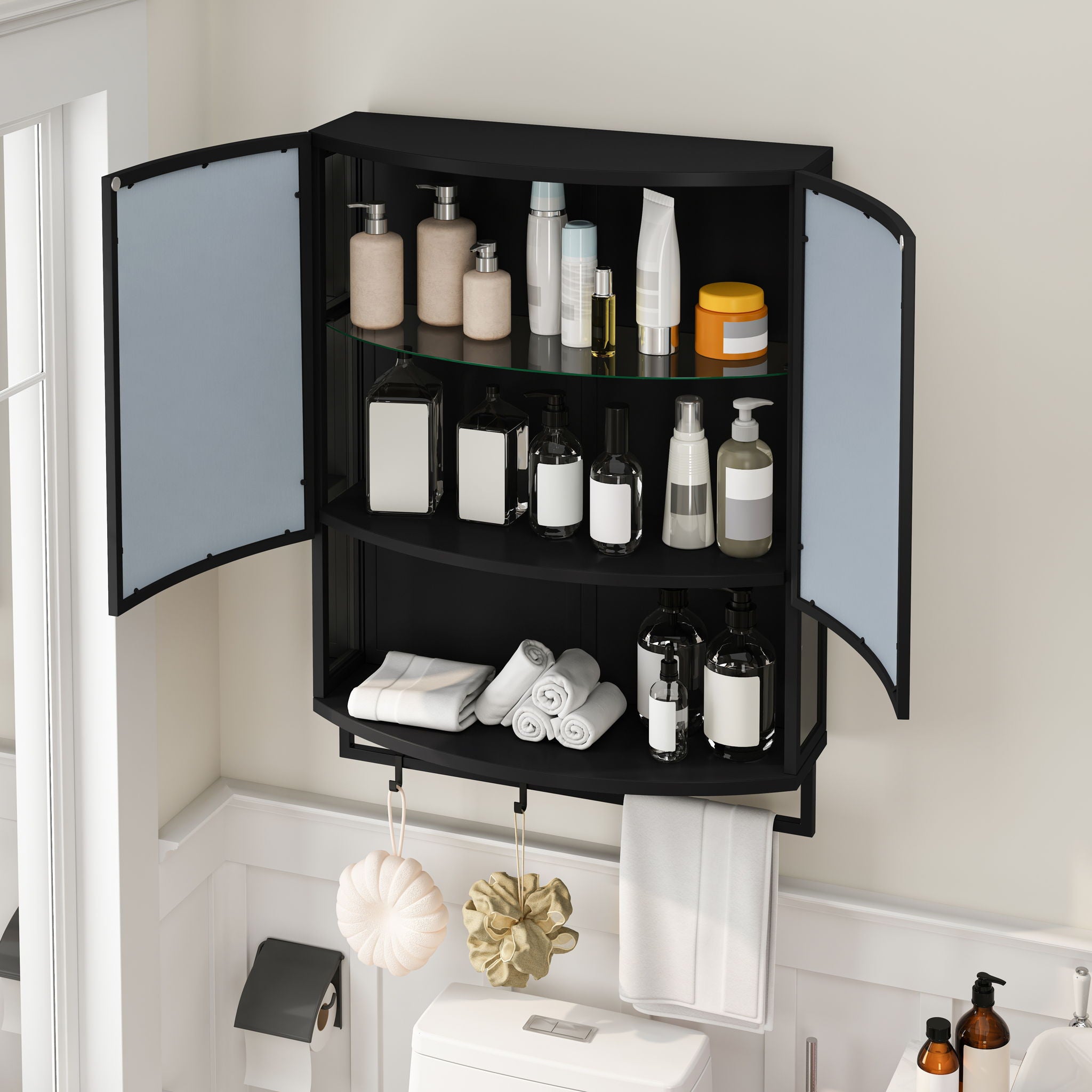 Arched Glass Double Door Wardrobe With Shatterproof Mirror, Open Shelf & Towel Rack