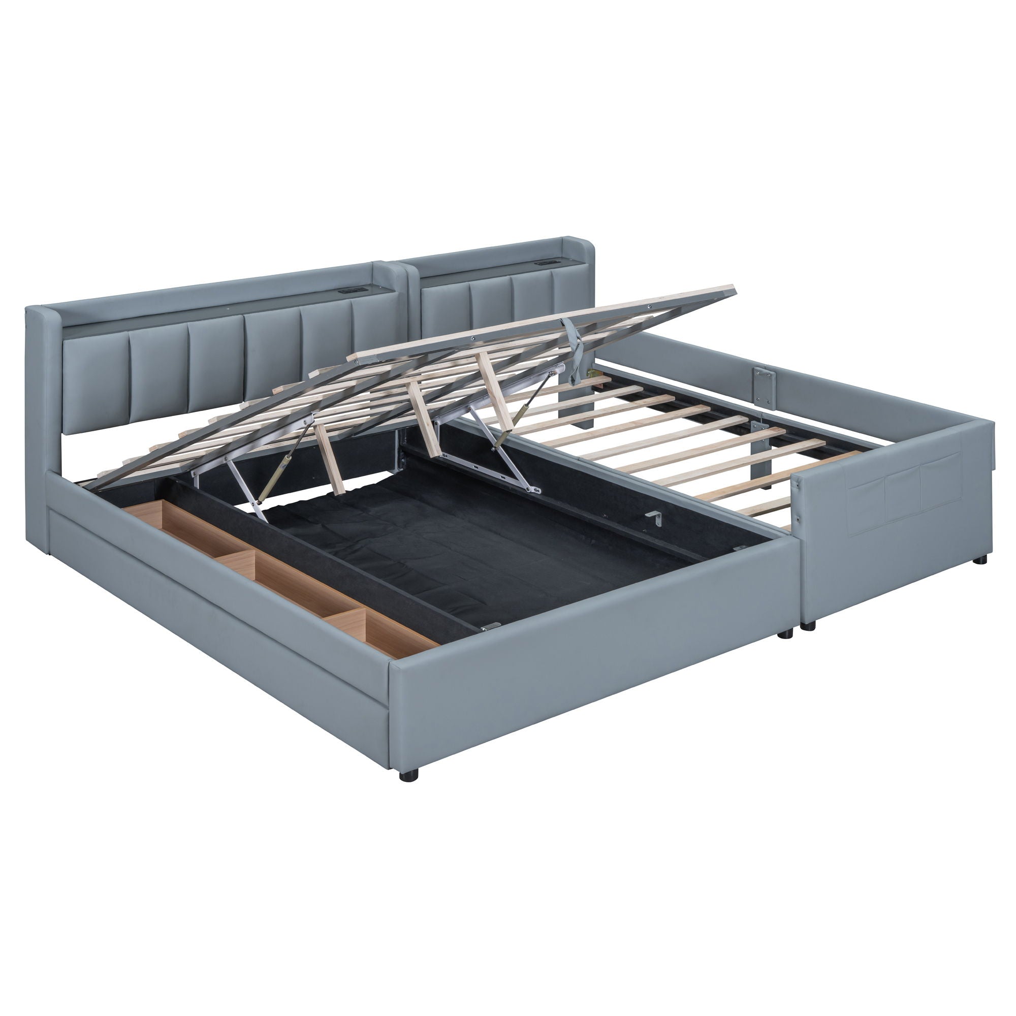 Upholstered Mother & Child Bed With Hydraulic Storage System, Drawer Box, Bedhead Storage Shelf And 2 Pairs Of Sockets & USB Ports