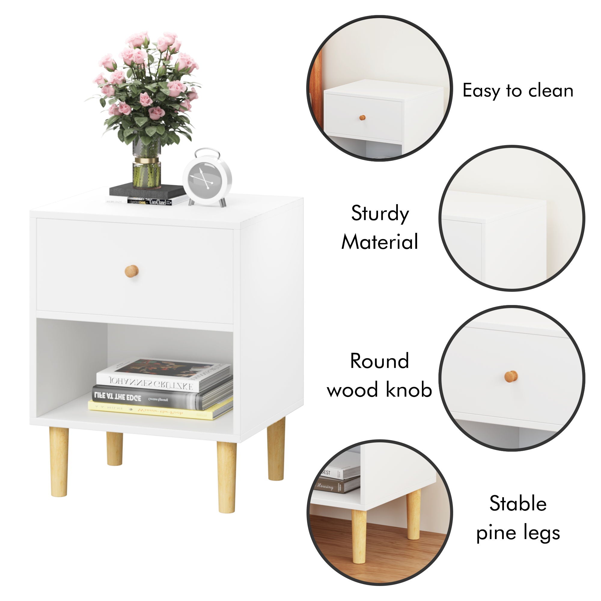 Nightstand With 1 Drawer And 1 Shelf - White
