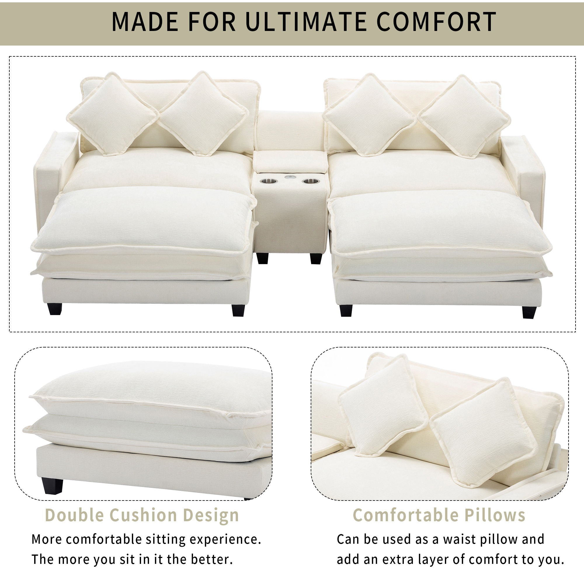 Sectional Sofa Upholstered Sofa With Two Removable Ottoman, Two USB Ports, Two Cup Holders And Large Storage Box For Living Room