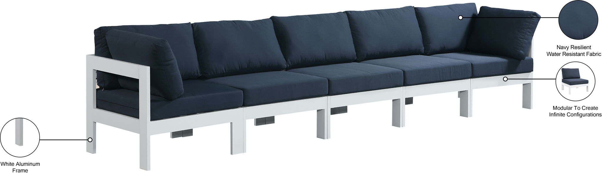 Nizuc - Outdoor Patio 5 Seat Modular Sofa With White Frame