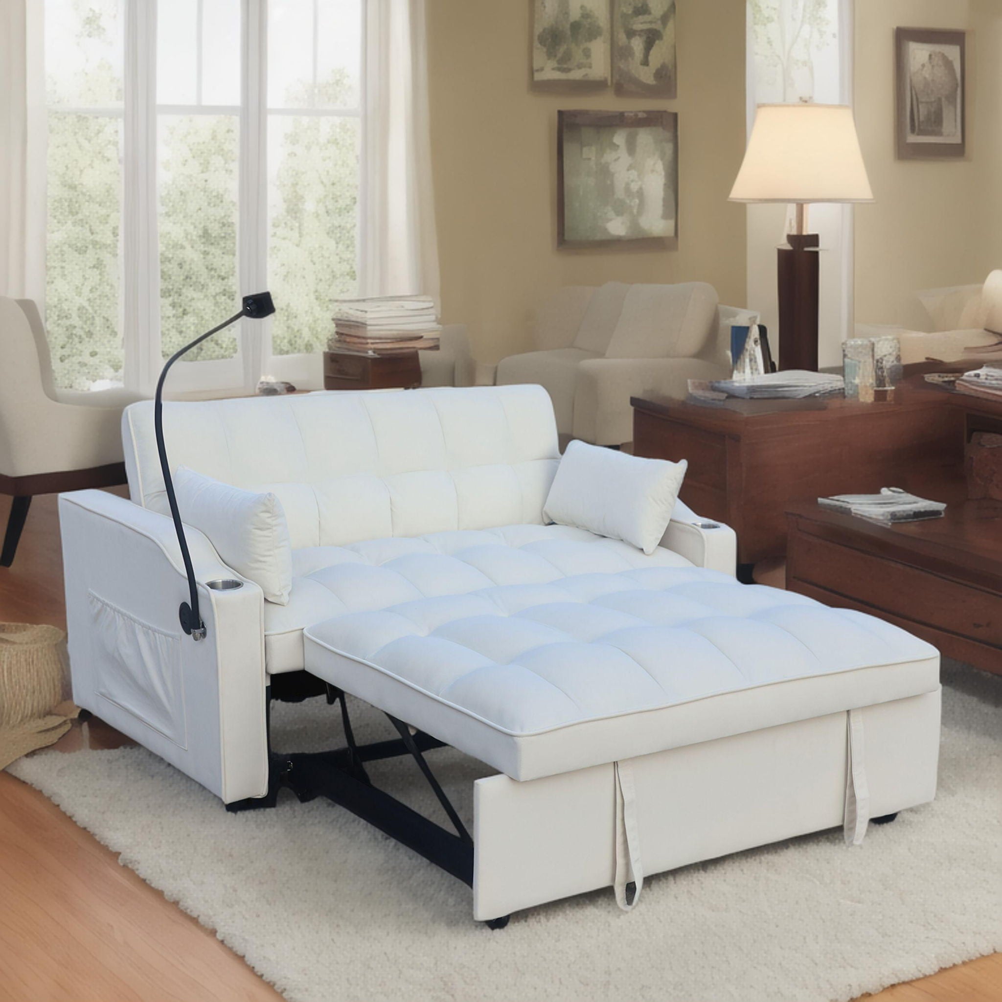 Modern Loveseat Futon Sofa With Pullout Bed, Adjustable Reclining Backrest, Toss Pillows