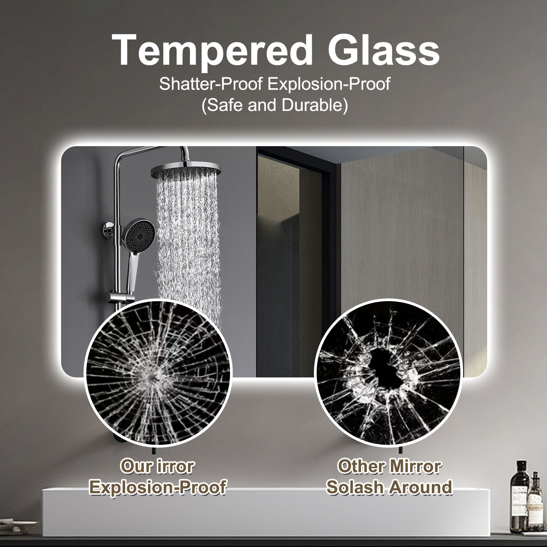 Wall Mounted LED Lighting Mirror With 3 Color Lighting, Dimming, Waterproof, Anti Fog, Touch Switch - Silver