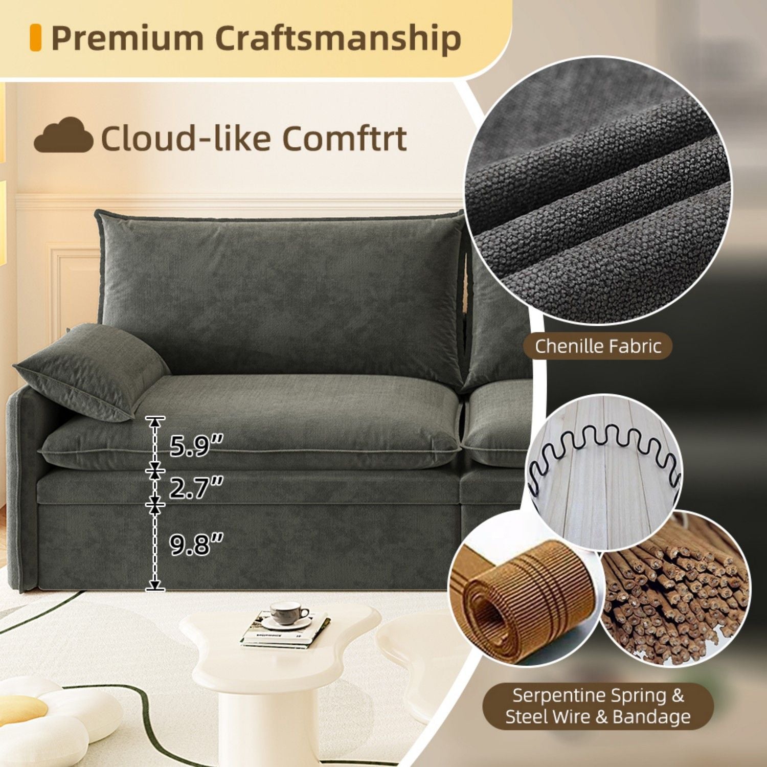 4 Seat Convertible Sleeper Sofa Bed, Modern With Storage