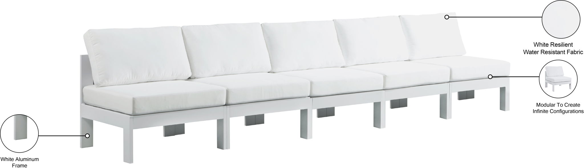 Nizuc - Outdoor Patio 5 Seat Modular Armless Sofa With White Frame