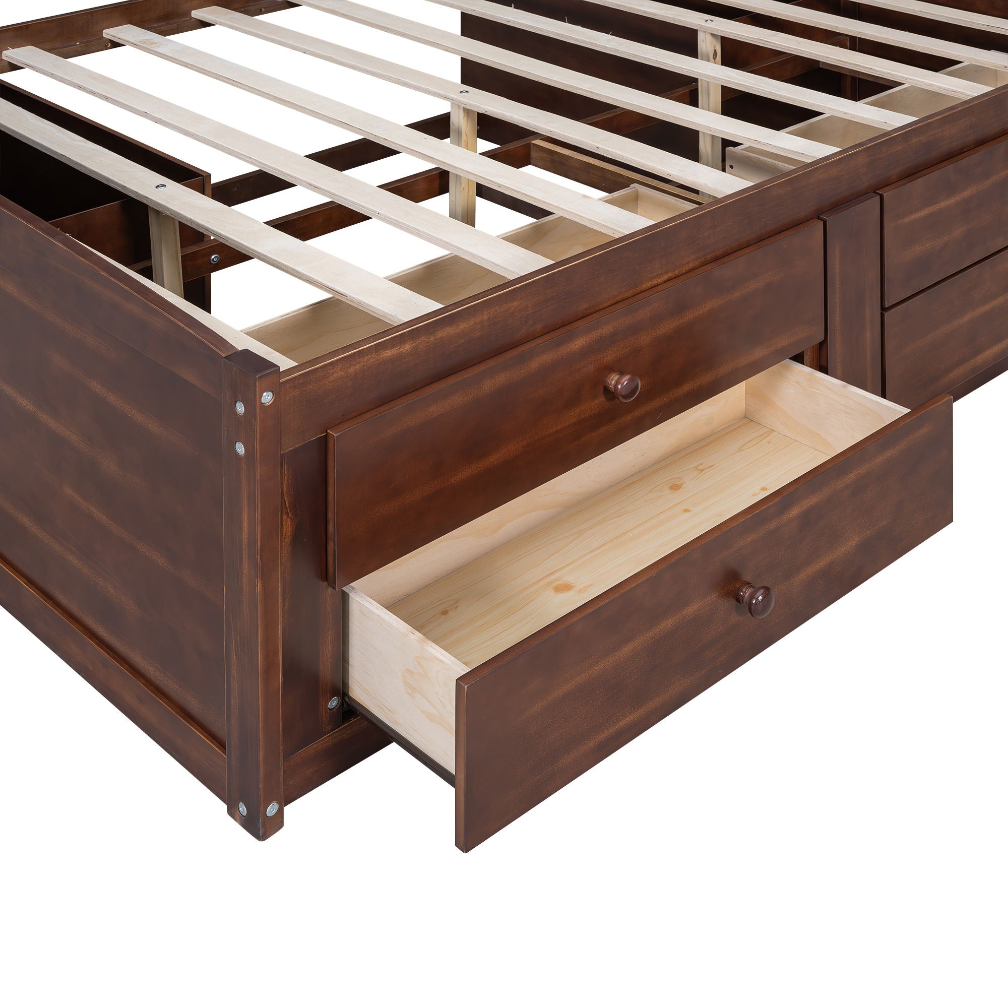 Full Size Captain Bed With Built In Storage Shelves, 4 Drawers And 2 Cabinets - Antique Brown