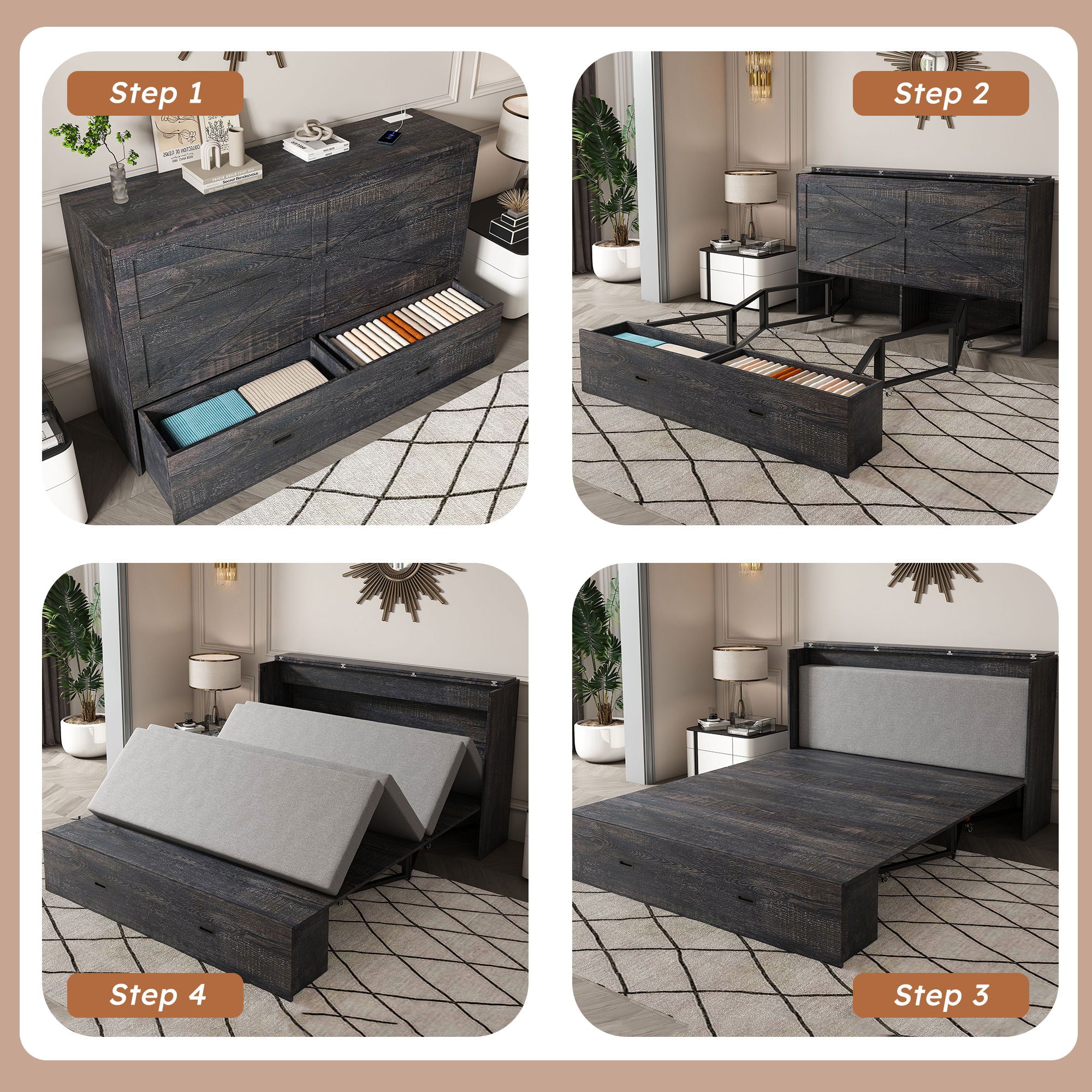 Full Murphy Bed With Storage Drawers, Charging Station, Foldable Panels, And Silent Swivel Wheels