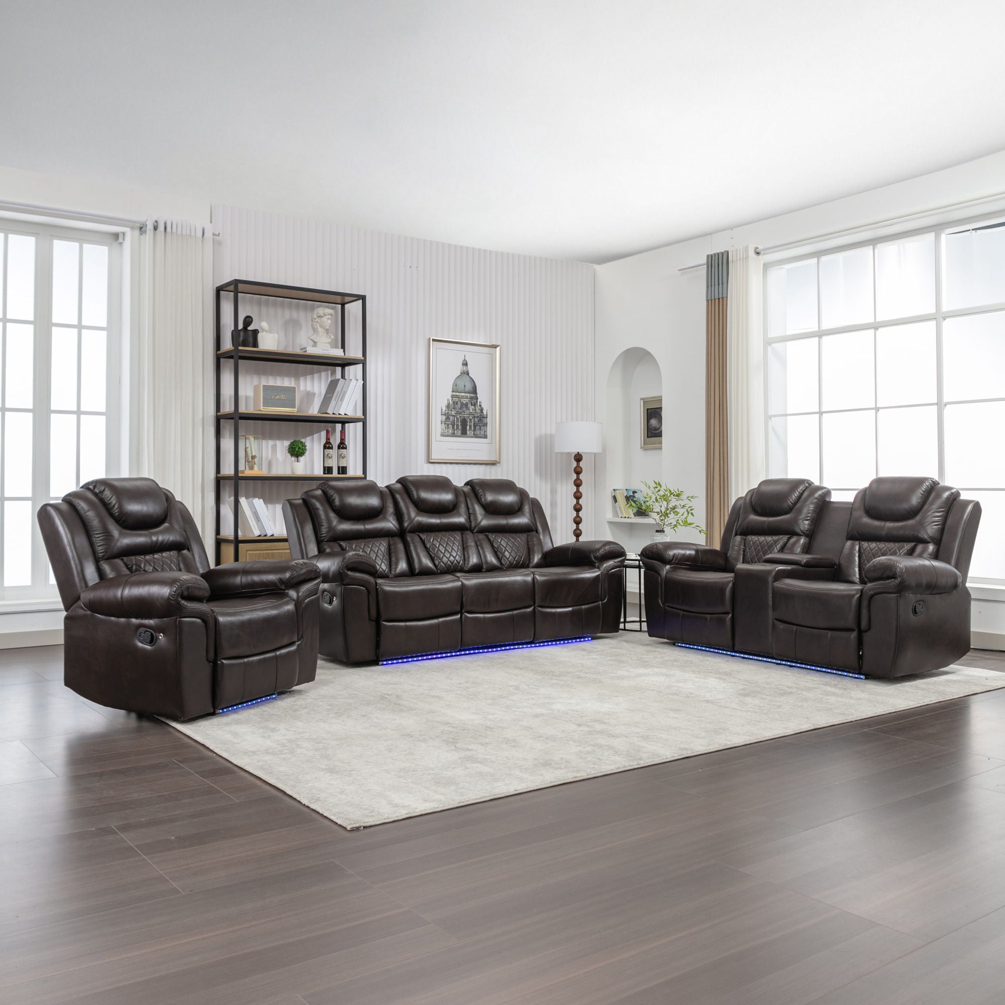 3 Pieces Recliner Sofa Sets Home Theater Seating Manual Recliner Chair & Center Console And LED Light Strip For Living Room - Brown