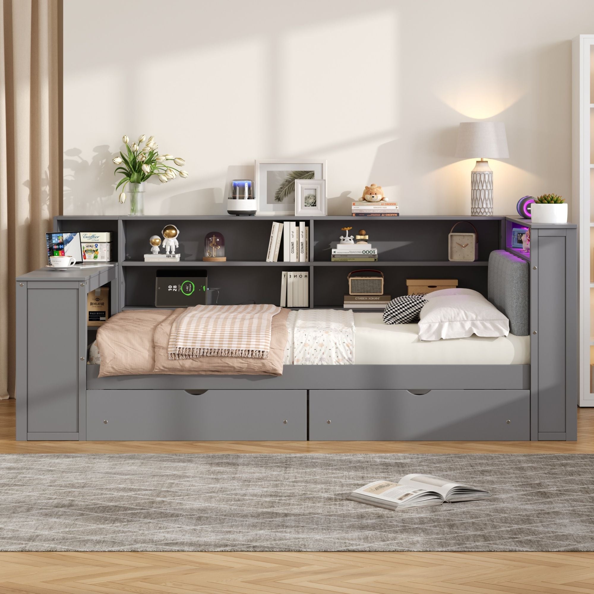 Platform Bed With Upholstered Headboard, Storage Shelves, Drawers, Charging Station, LED Lighting, Built In Desk