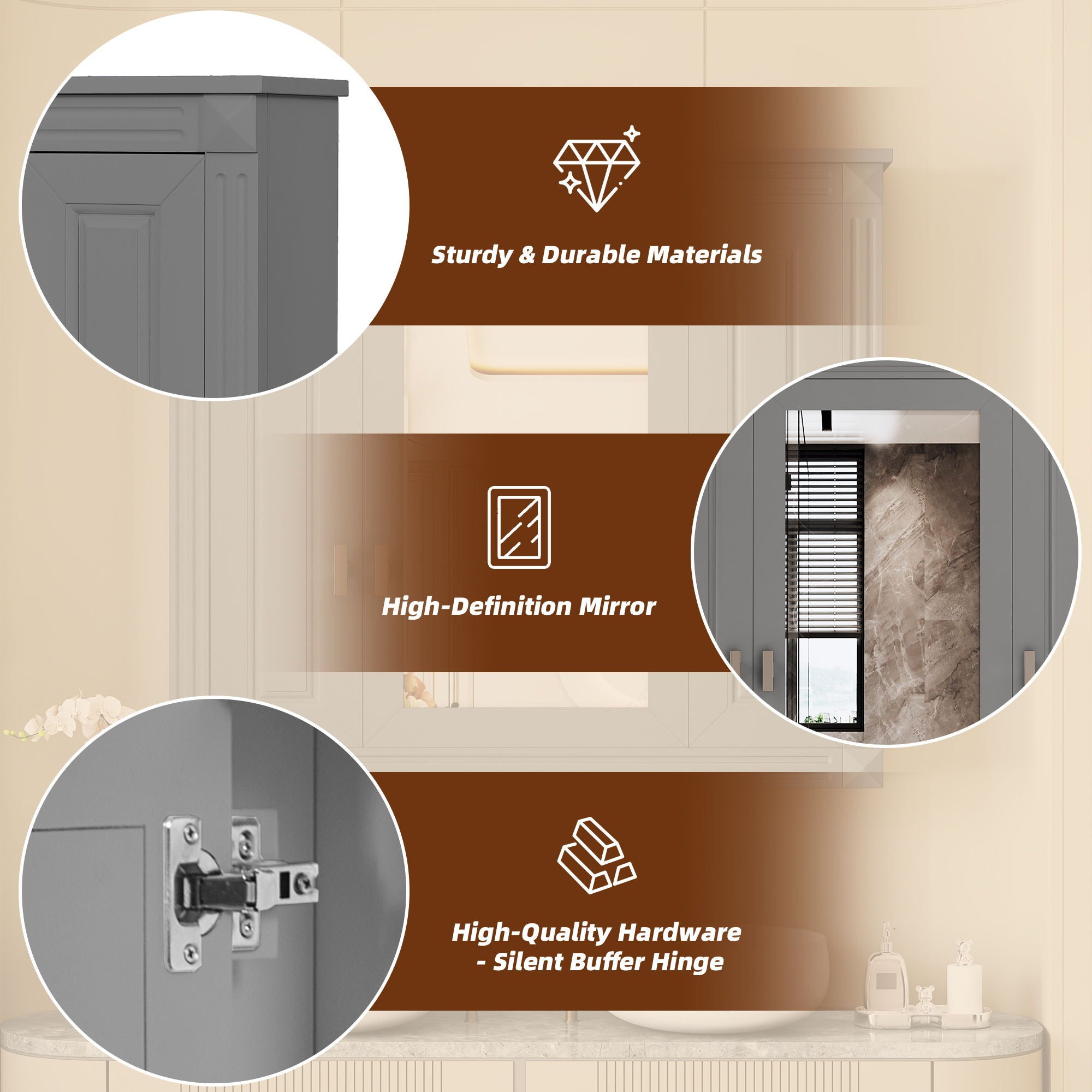Wall Mounted Bathroom Cabinet With Mirror And 4 Shelves, Rectangular Design - Gray