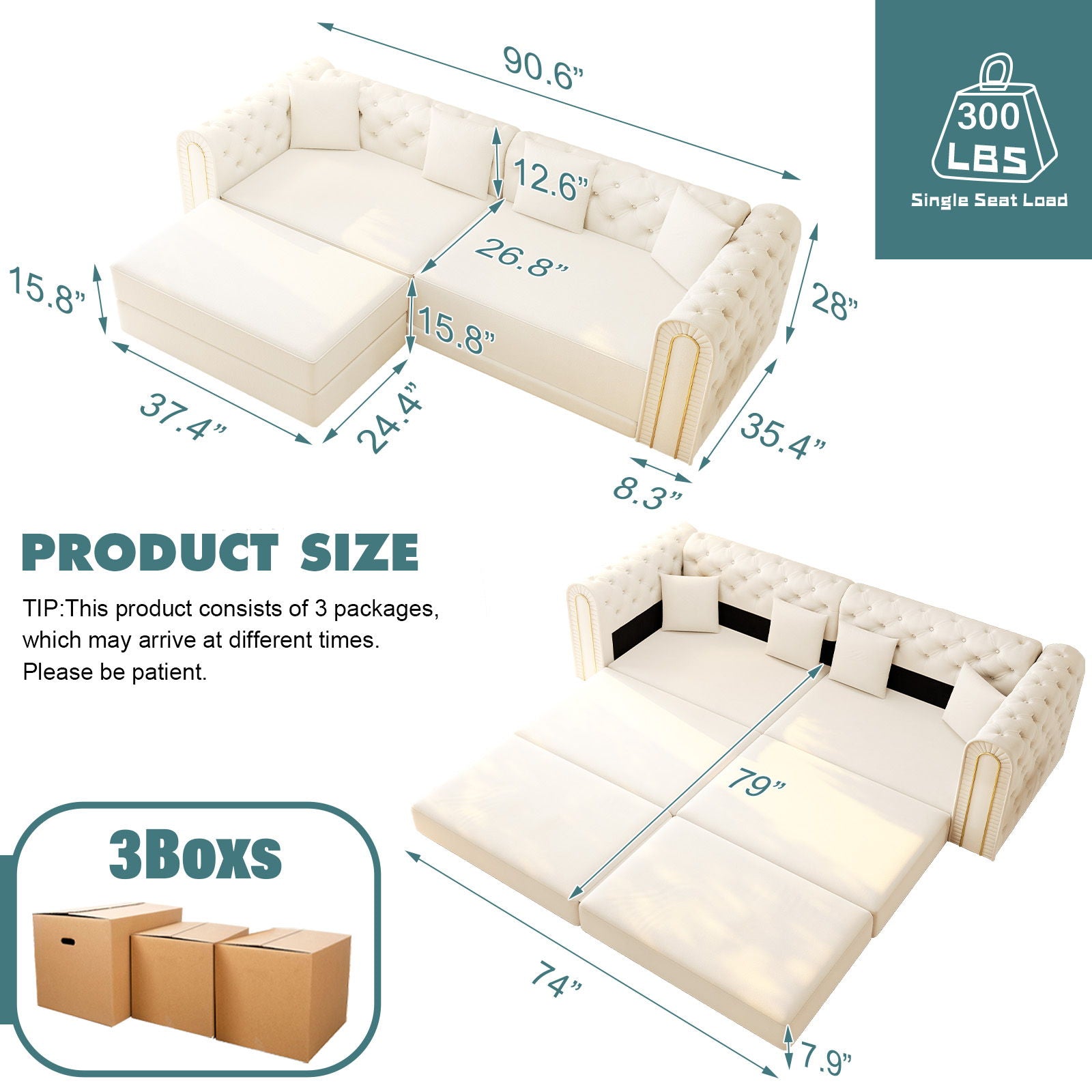 3-In-1 Convertible Sleeper Sofa With Movable Ottoman For Living Room