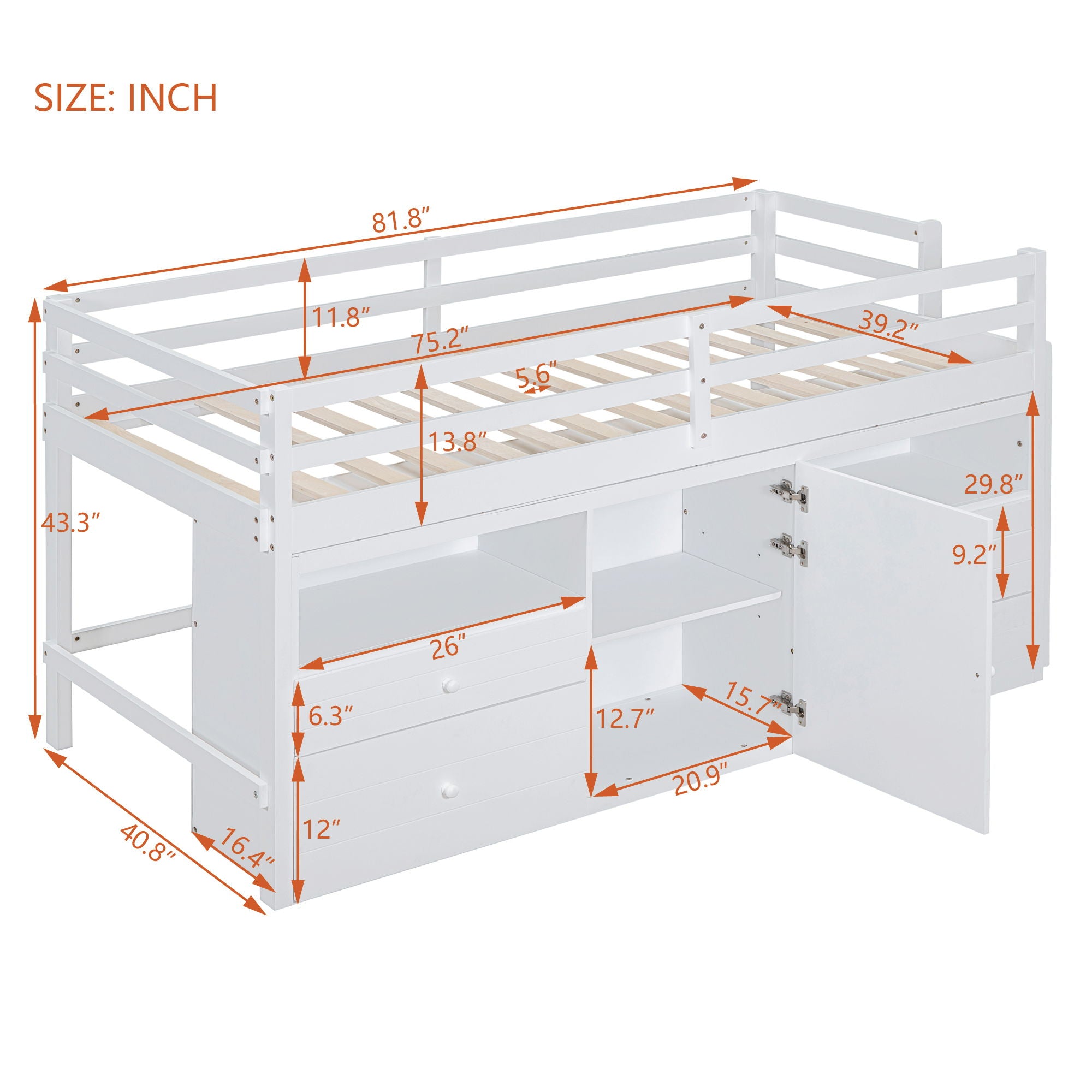 Loft Bed With 4 Drawers, Underneath Cabinet And Shelves