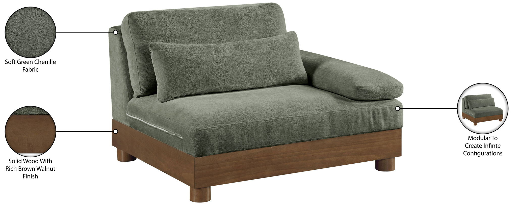 Turin - Chenille Fabric Upholstered Modular Arm Chair - Walnut Base