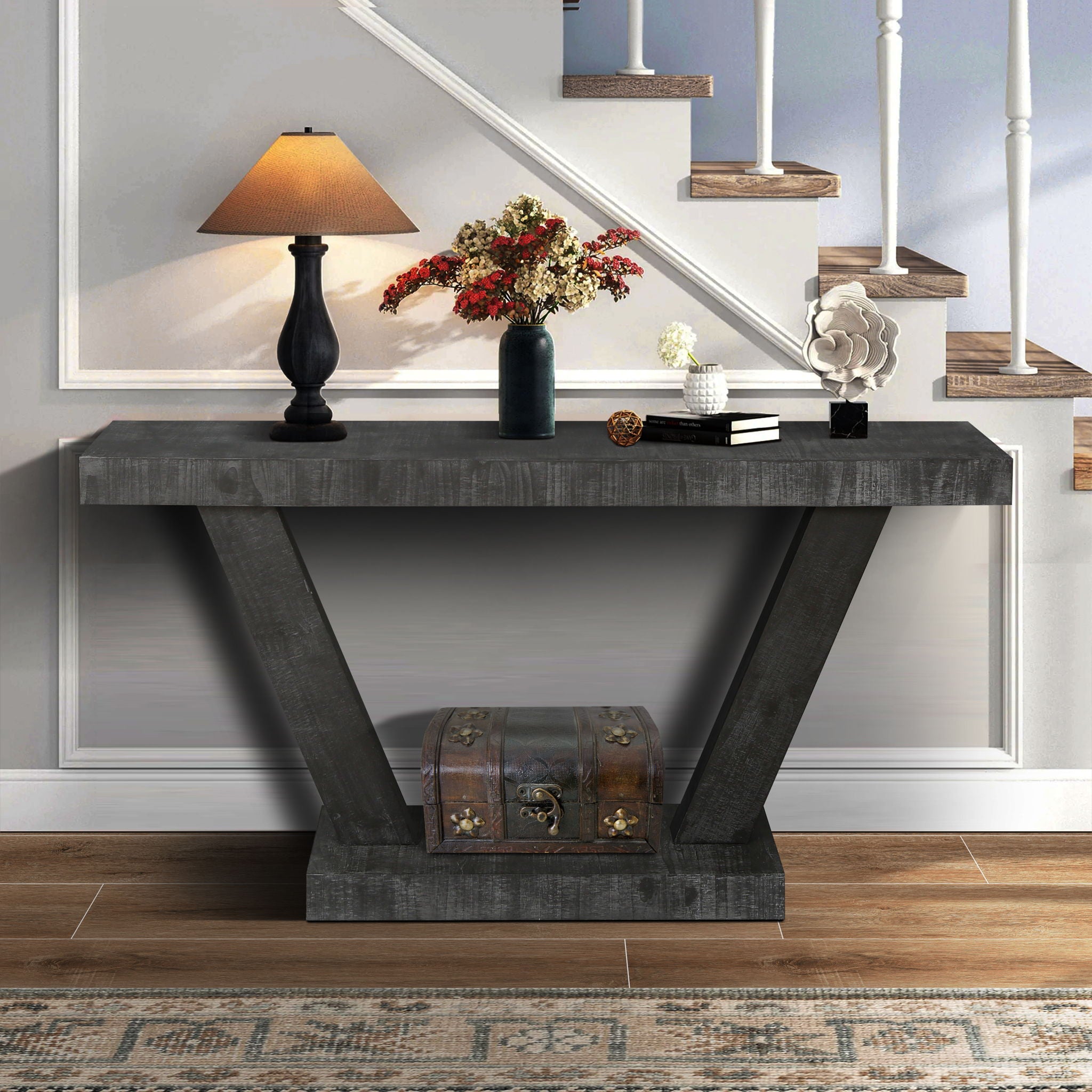Vintage Distressed Wood Entryway Bench With 2 Tier Storage Cabinet