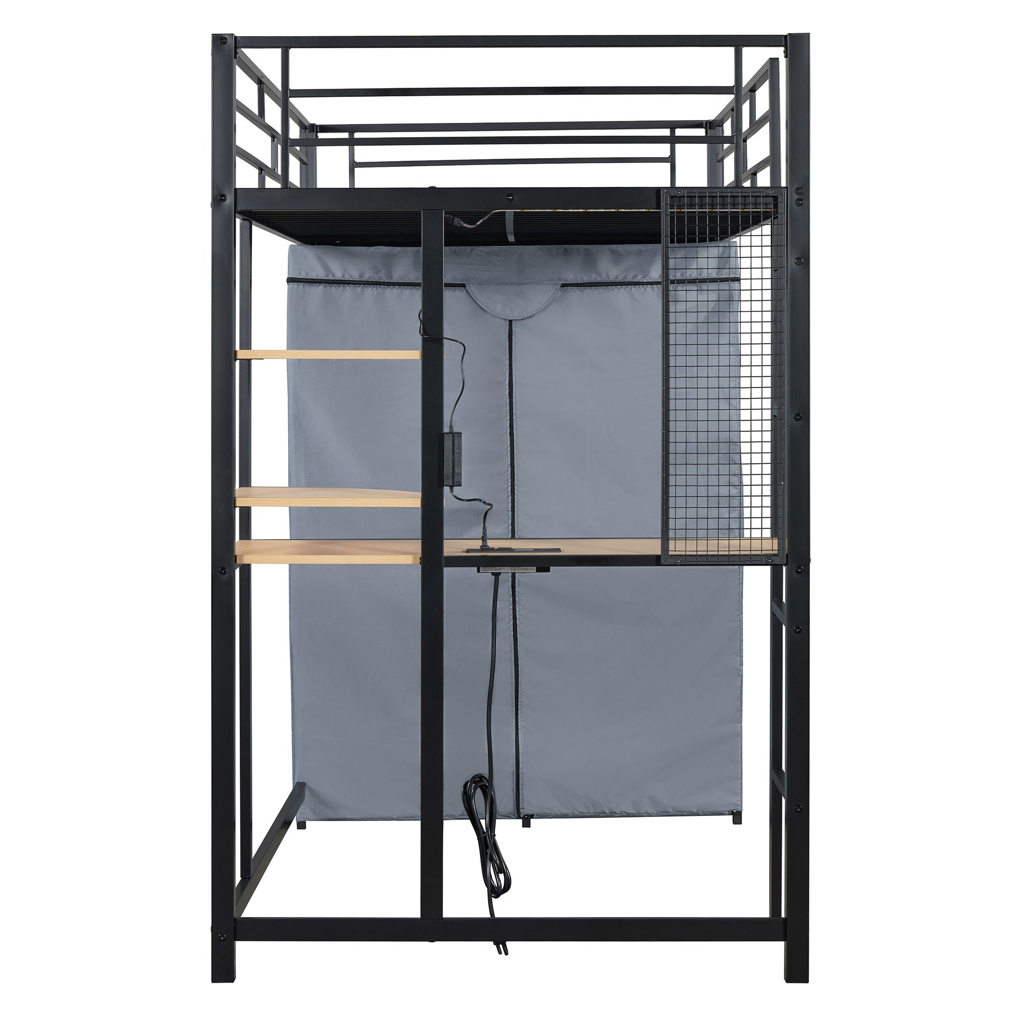 Loft Bed With Desk, Shelves, Power Outlet, LED Light And Wardrobe