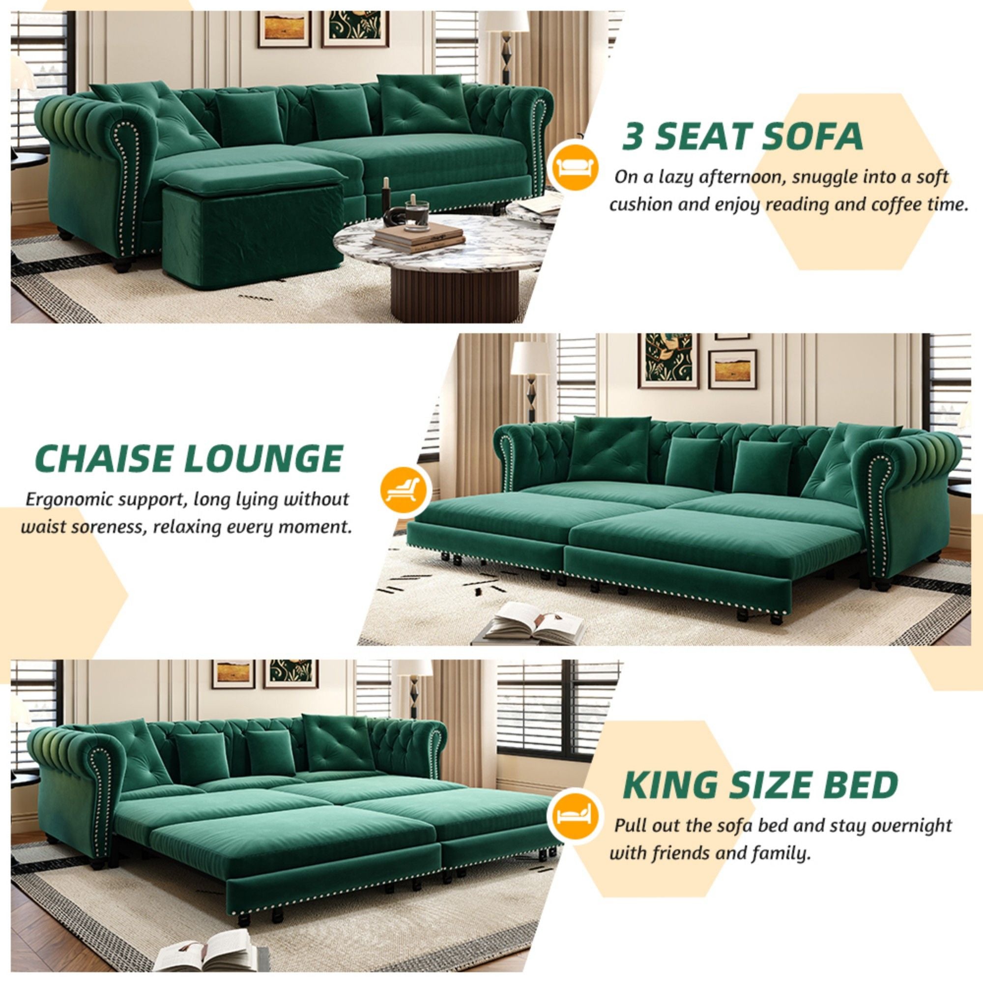 3 In 1 Convertible Sleeper Sofa Bed With Movable Ottoman