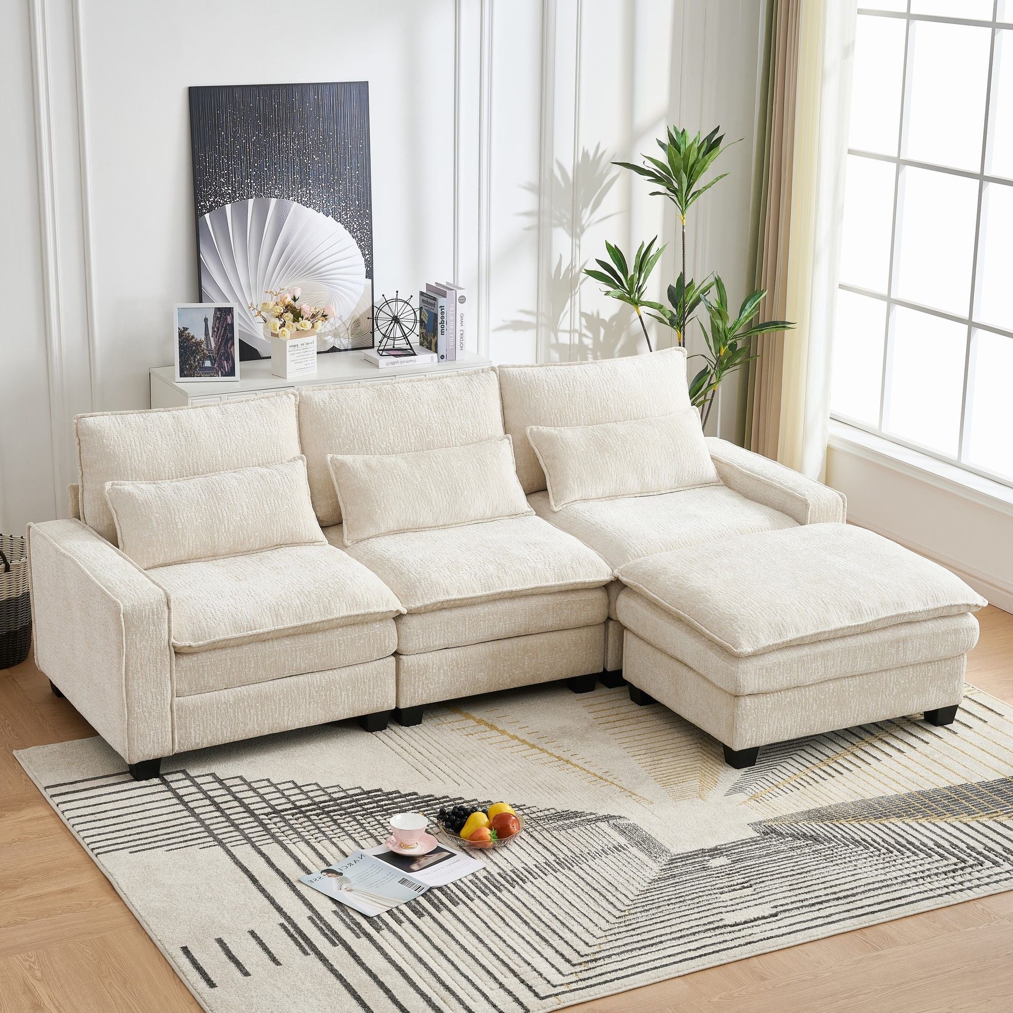 Modern Comfy L Shaped Sectional Sofa With Movable Ottoman