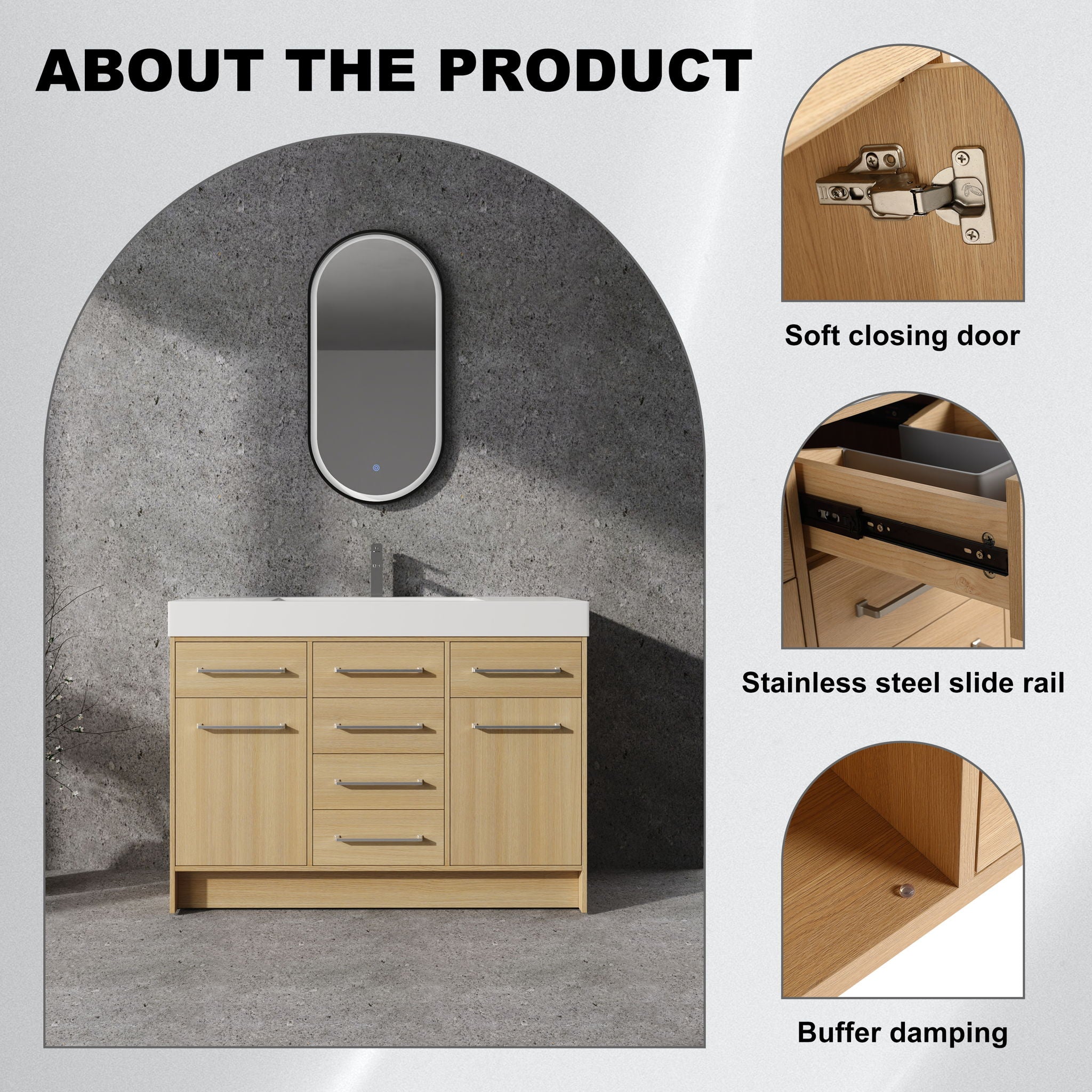Freestanding Bathroom Vanity With Resin Sink, Soft-Closing Doors And Drawers