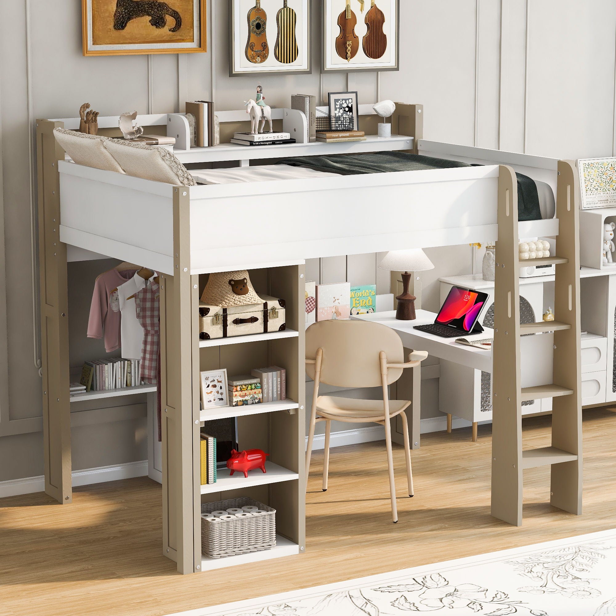 Loft Bed With Built In Storage Shelves, Clothes Rail, And Desk