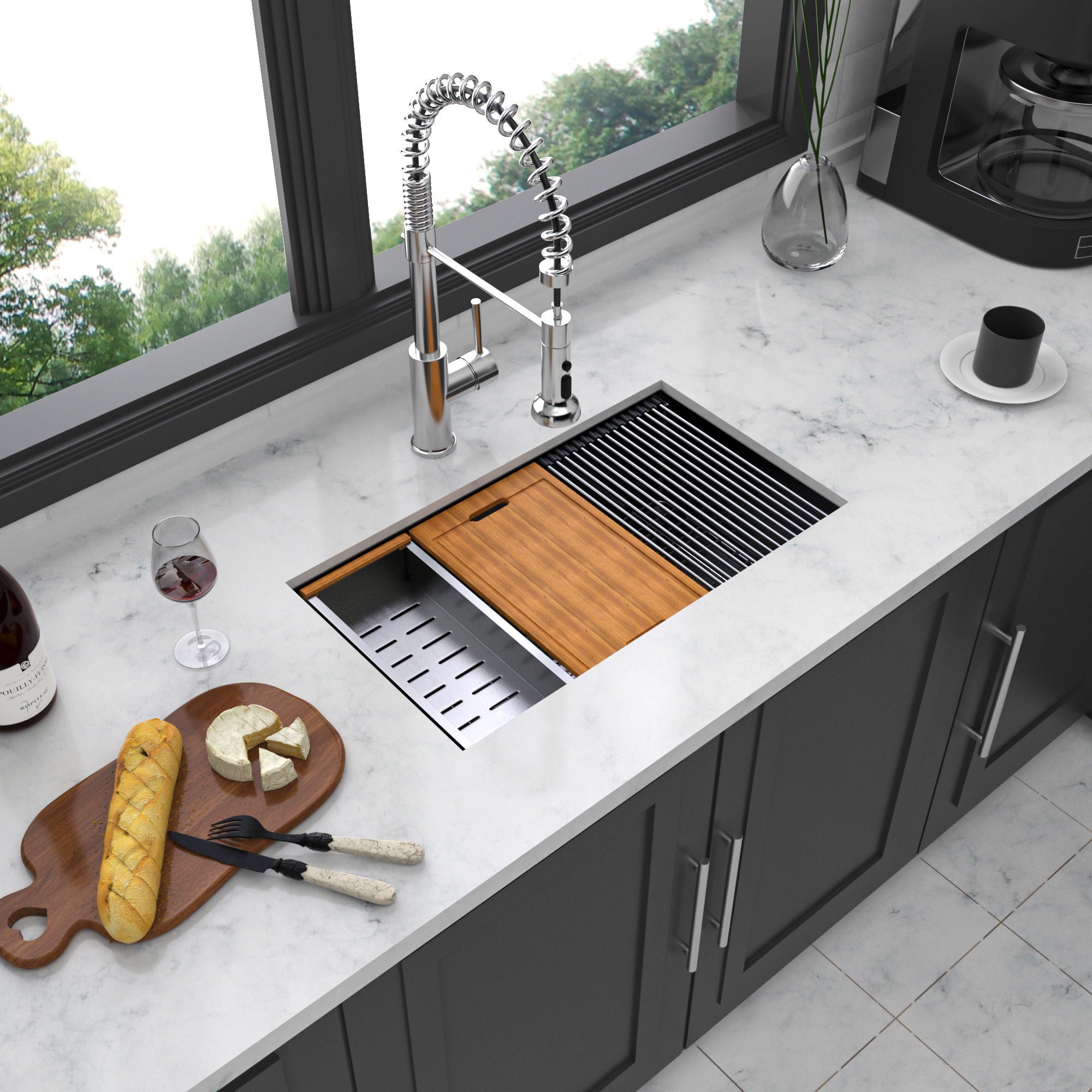 Workstation Kitchen Sink, Single Bowl Undermount 16 Gauge Stainless Steel - White