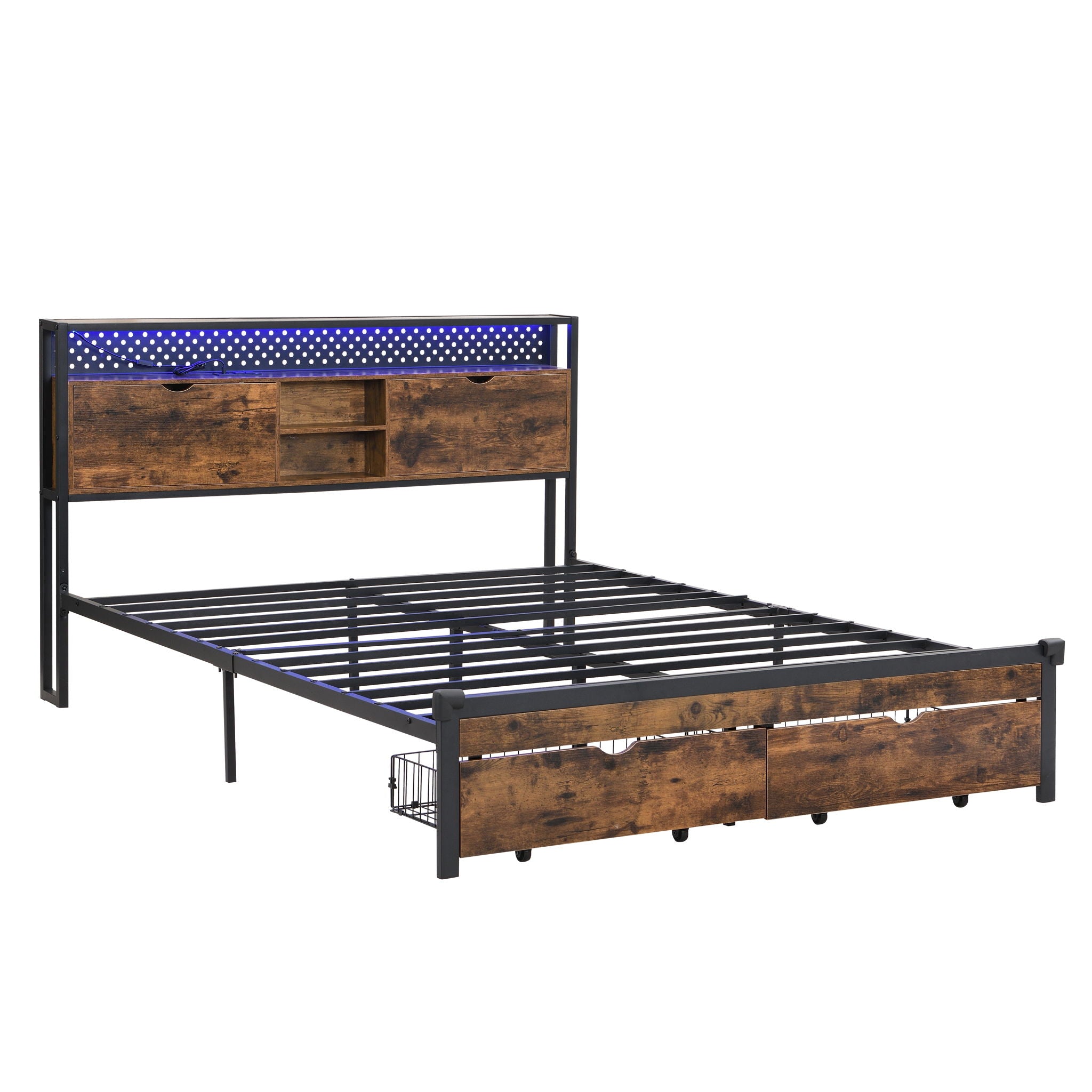 Modern Platform Bed, USB Charging Station, 2 Drawers, LED Lights